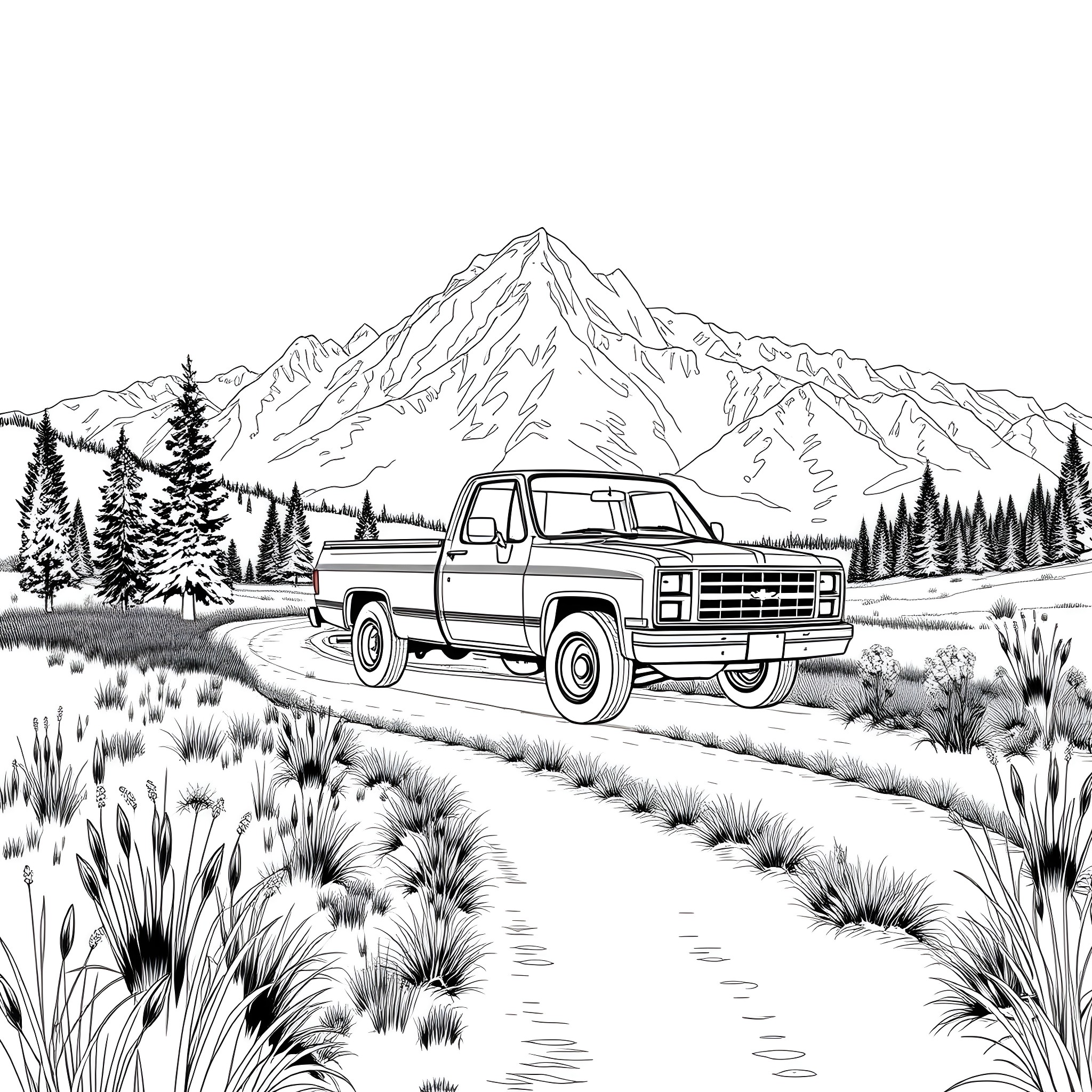 Truck traversing rugged mountain landscape Coloring Page (free black-and-white line drawing printable PDF for all, from beginners to advanced learners, including children, teens, adults, and seniors)