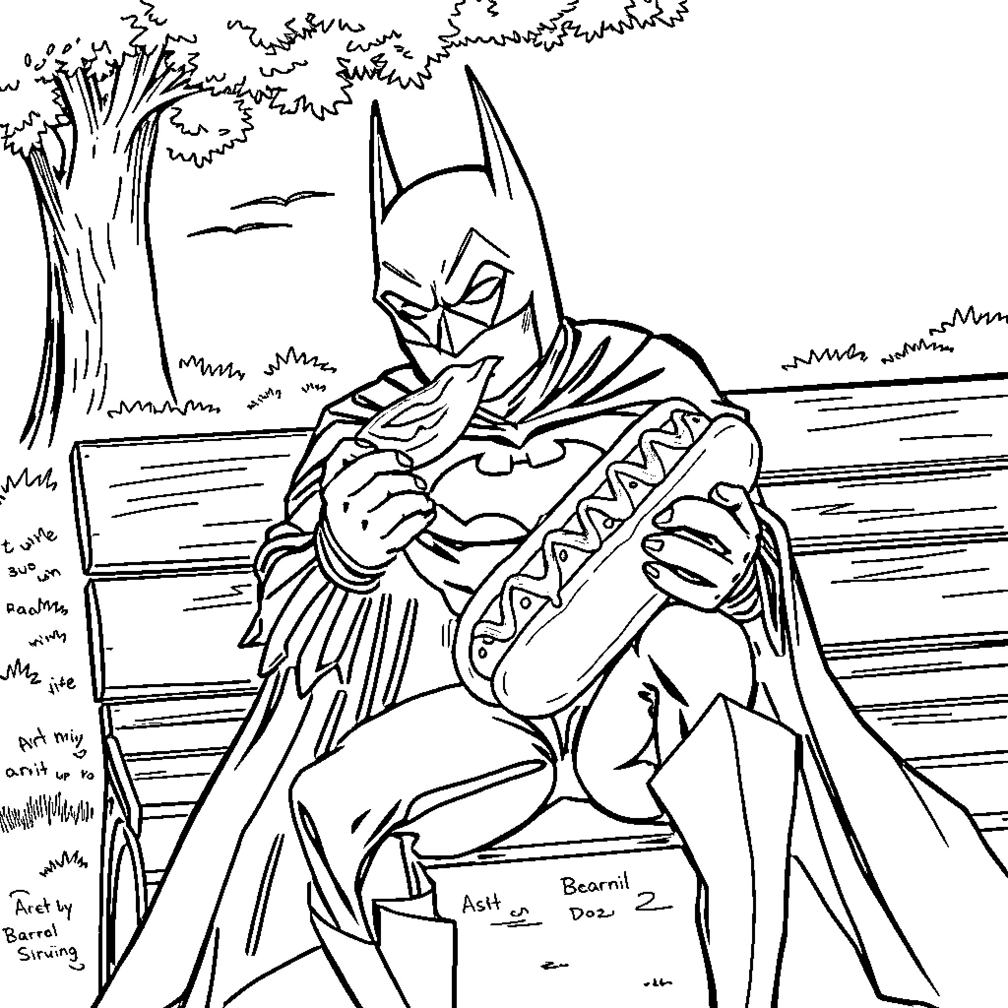 Batman standing guard in a scenic outdoor setting Coloring Page (free black-and-white line drawing printable PDF for all, from beginners to advanced learners, including children, teens, adults, and seniors)