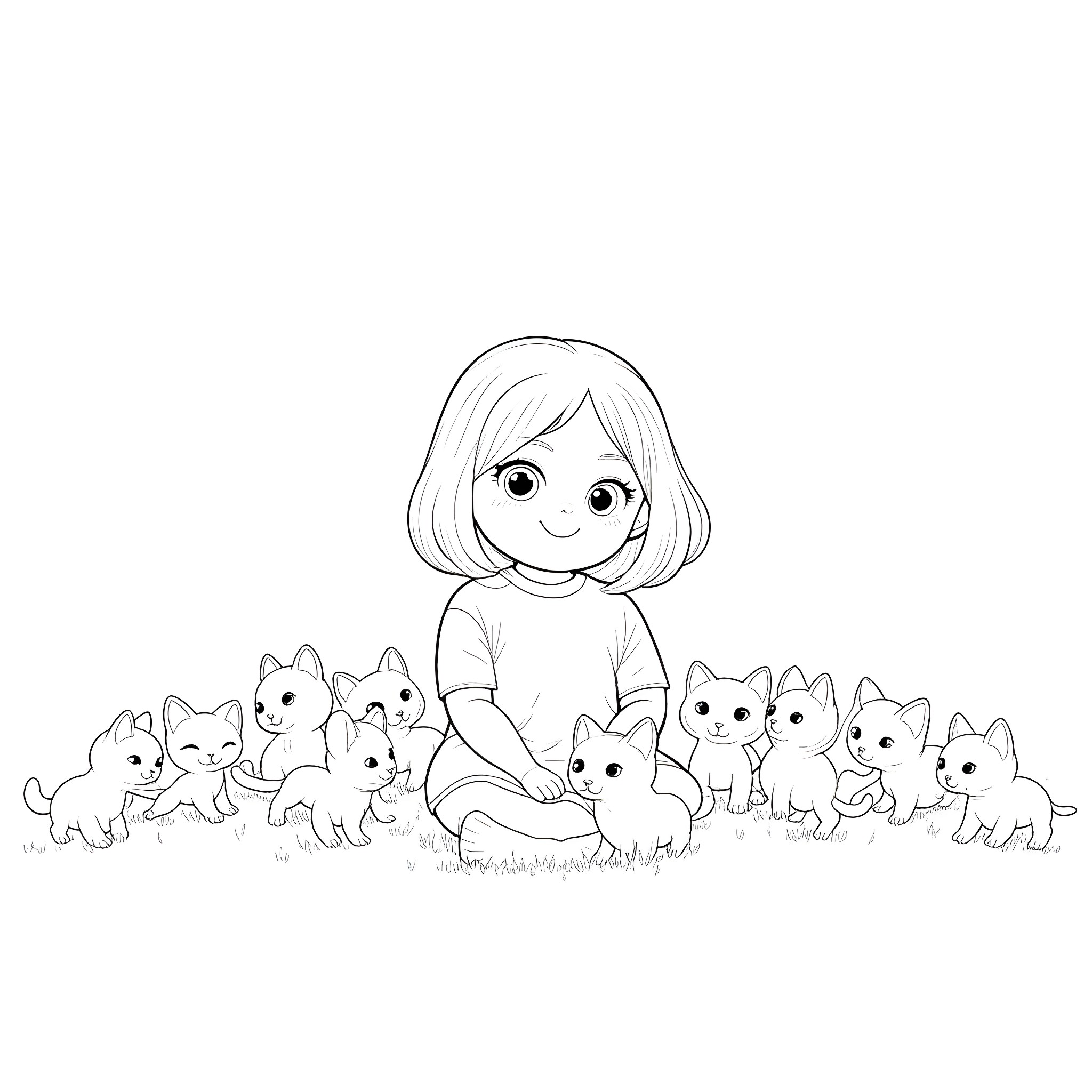 Girl surrounded by playful kittens in the field Coloring Page (free black-and-white line drawing printable PDF for all, from beginners to advanced learners, including children, teens, adults, and seniors)
