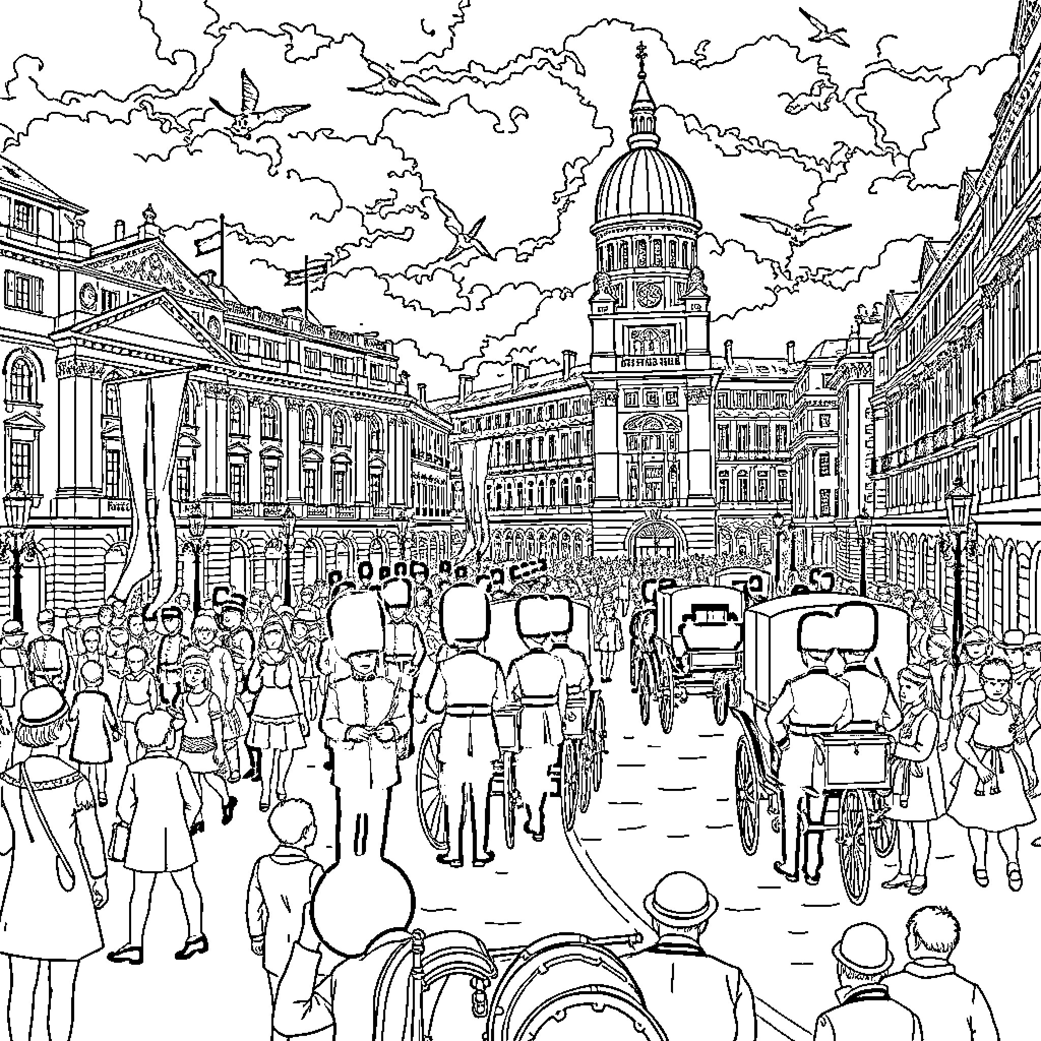 Britain's Bustling City Streets and Iconic Architecture Coloring Page (free black-and-white line drawing printable PDF for all, from beginners to advanced learners, including children, teens, adults, and seniors)