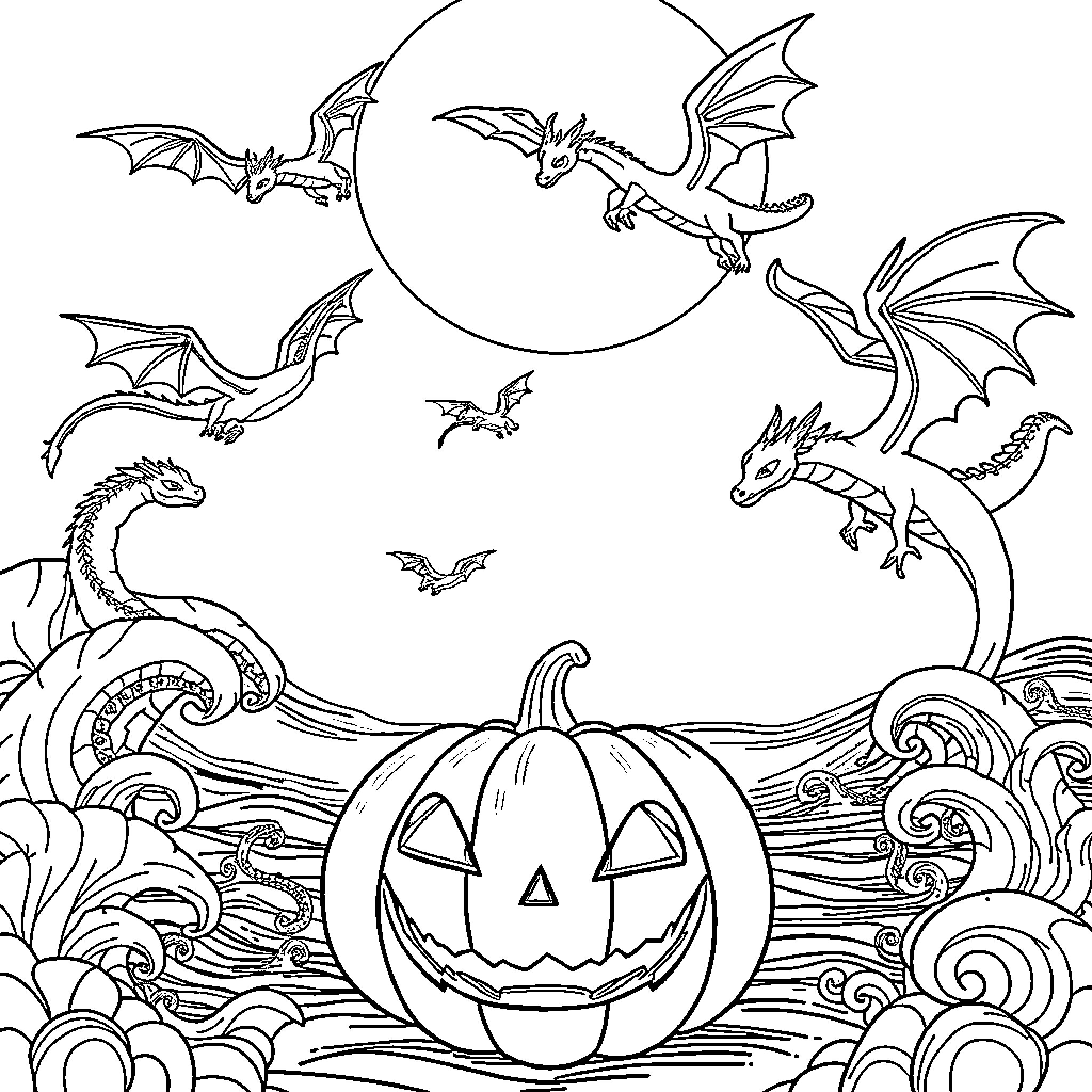 Pumpkin-carved Jack-o'-lantern surrounded by flying dragons Coloring Page (free black-and-white line drawing printable PDF for all, from beginners to advanced learners, including children, teens, adults, and seniors)