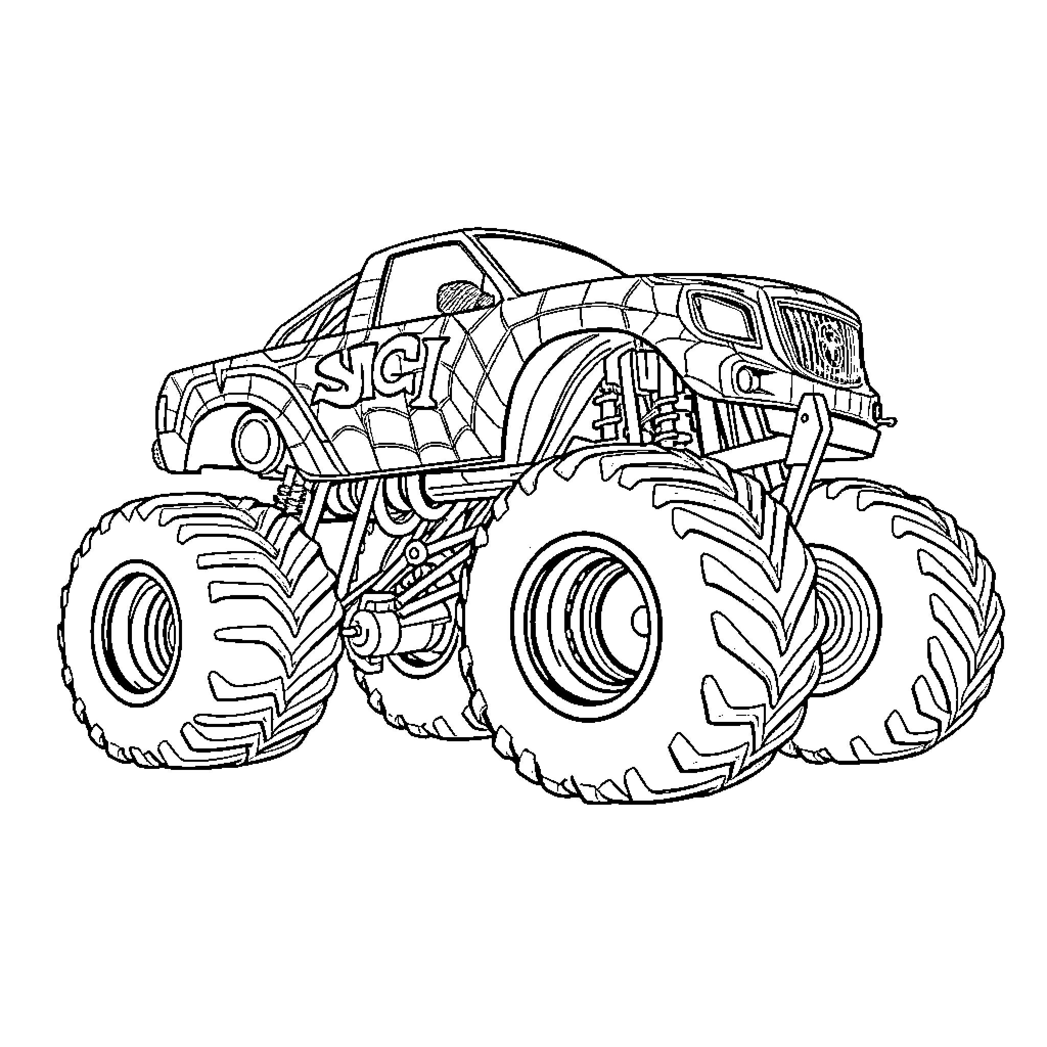 Spiderman monster truck in action Coloring Page (free black-and-white line drawing printable PDF for all, from beginners to advanced learners, including children, teens, adults, and seniors)