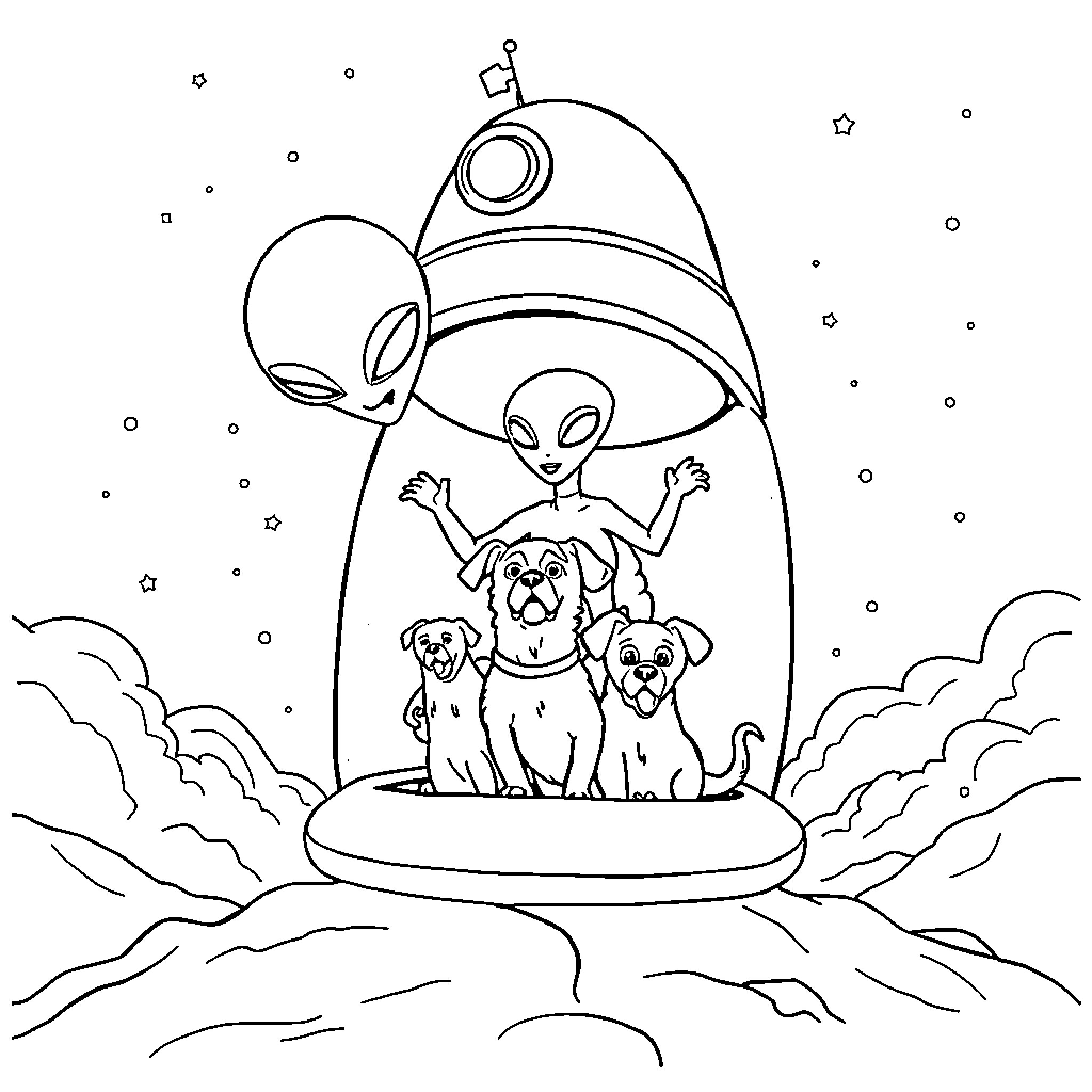 Dog aliens abducting dogs from Earth Coloring Page (free black-and-white line drawing printable PDF for all, from beginners to advanced learners, including children, teens, adults, and seniors)