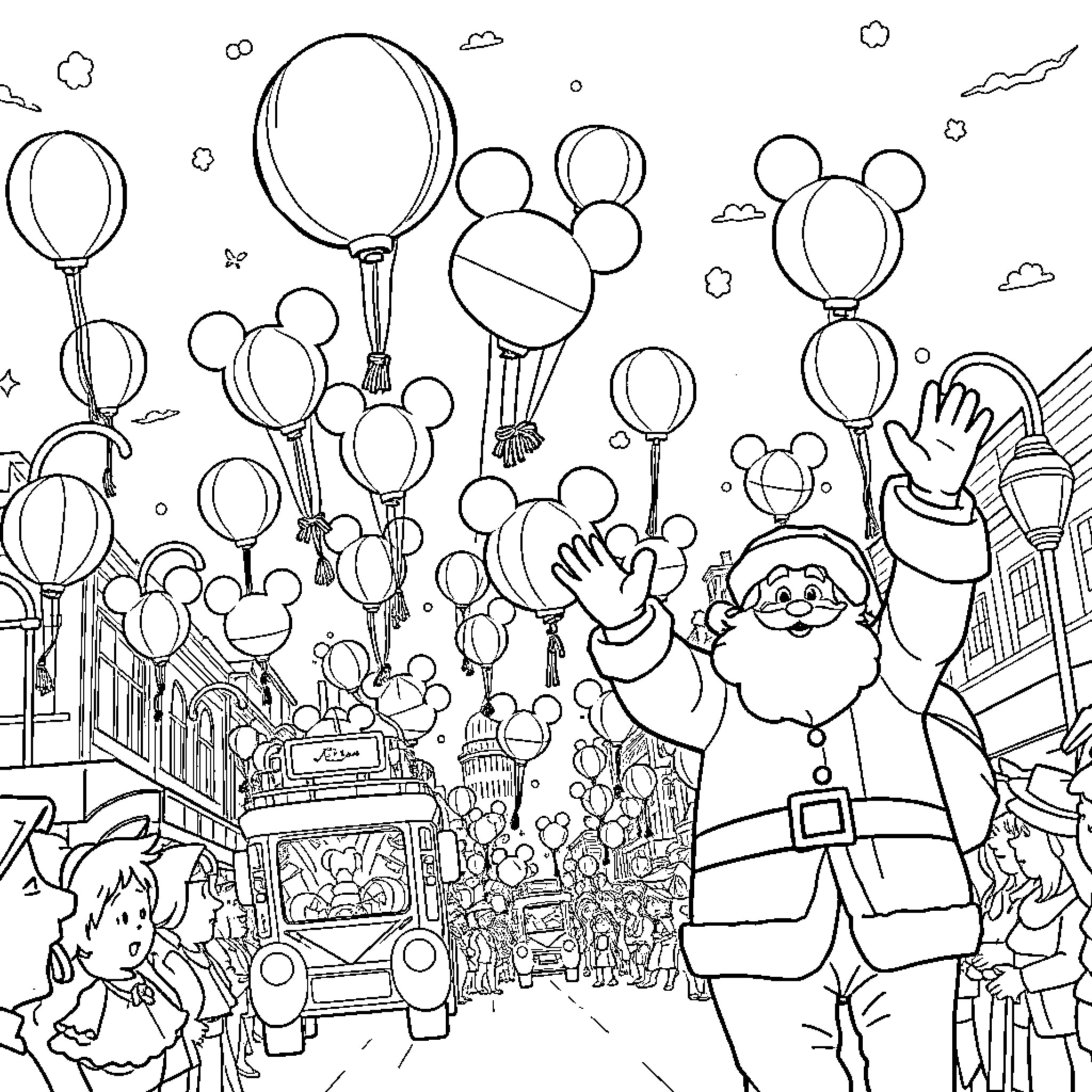 Santa joyfully celebrating with balloons in a festive parade Coloring Page (free black-and-white line drawing printable PDF for all, from beginners to advanced learners, including children, teens, adults, and seniors)