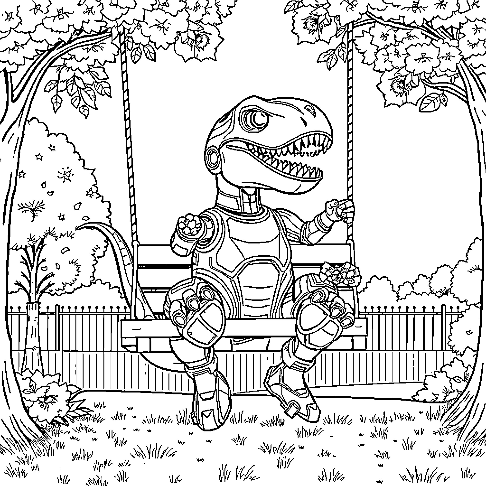 T-Rex playing on a swing in a garden Coloring Page (free black-and-white line drawing printable PDF for all, from beginners to advanced learners, including children, teens, adults, and seniors)