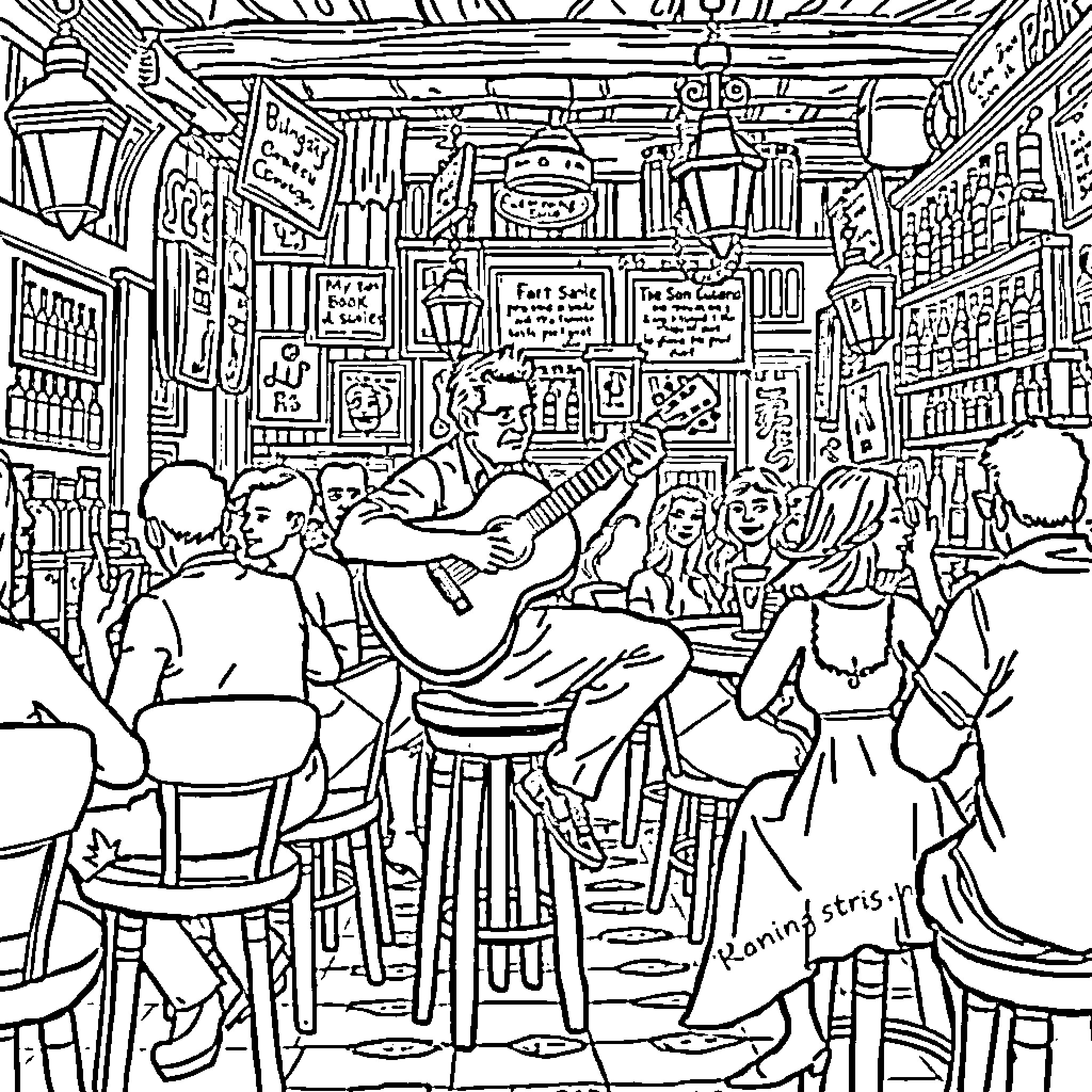 Guitarist performing for a lively crowd in a cozy bar Coloring Page (free black-and-white line drawing printable PDF for all, from beginners to advanced learners, including children, teens, adults, and seniors)