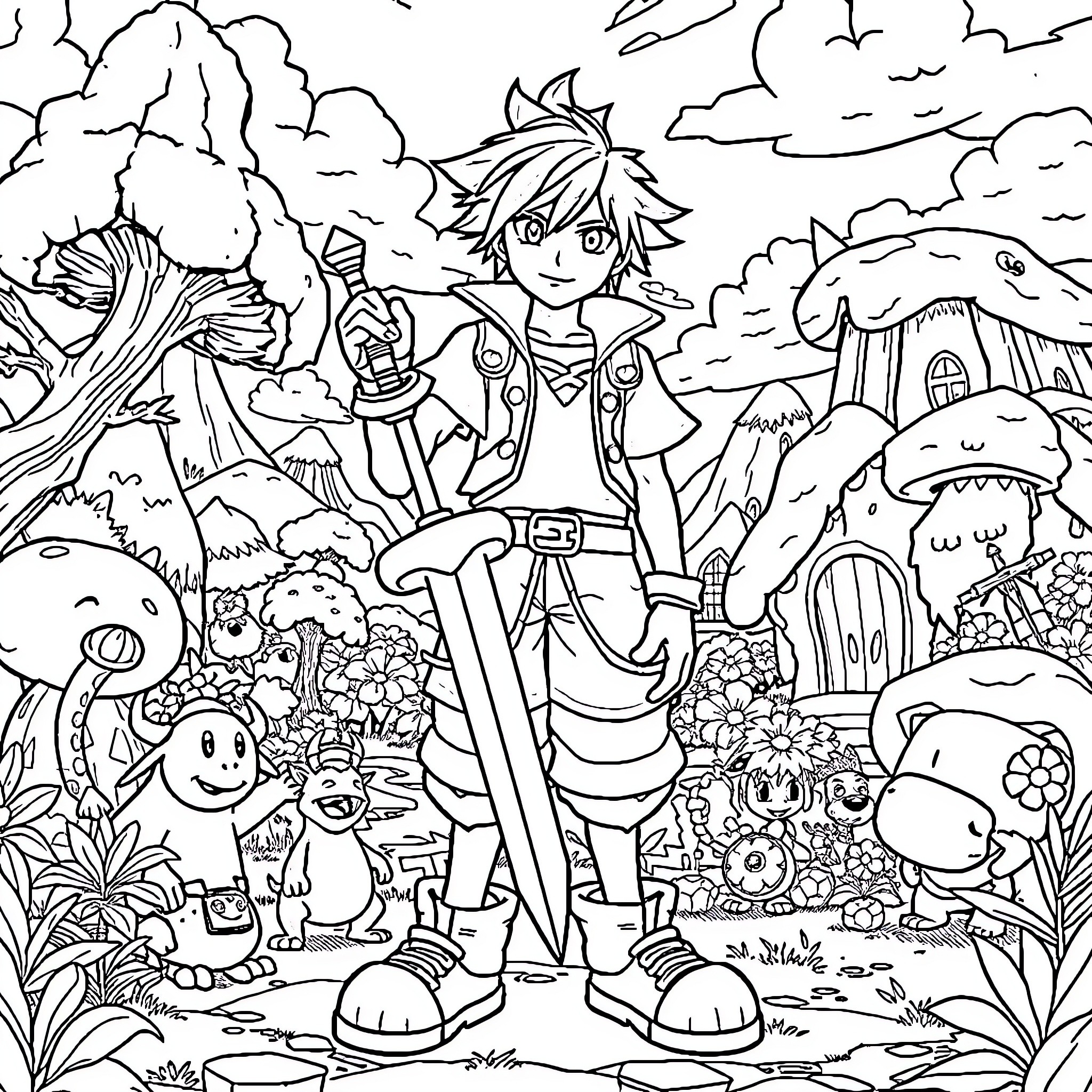 Sora's Fantastical Adventure in the Enchanted Realm Coloring Page (free black-and-white line drawing printable PDF for all, from beginners to advanced learners, including children, teens, adults, and seniors)