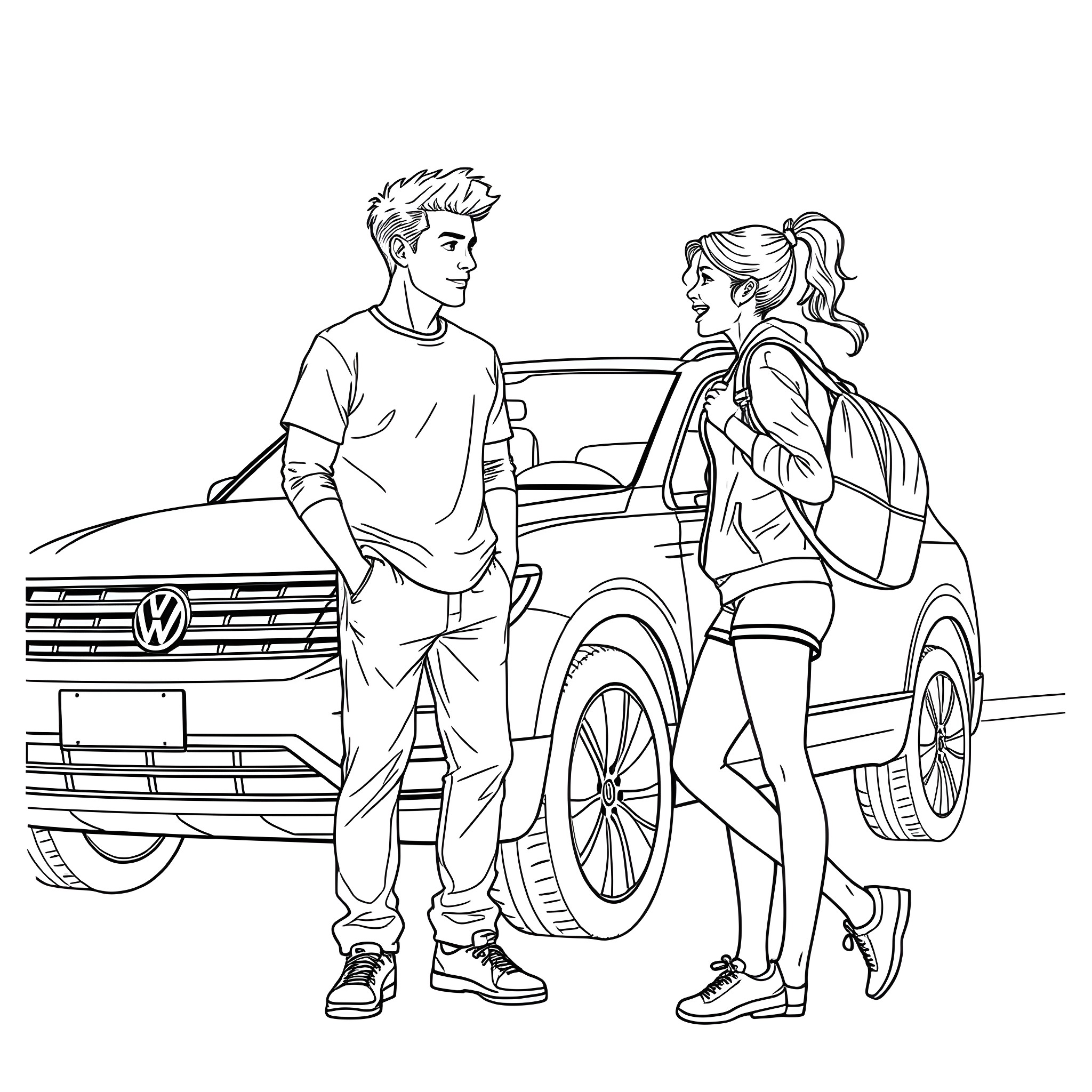 Teen couple standing near car Coloring Page (free black-and-white line drawing printable PDF for all, from beginners to advanced learners, including children, teens, adults, and seniors)