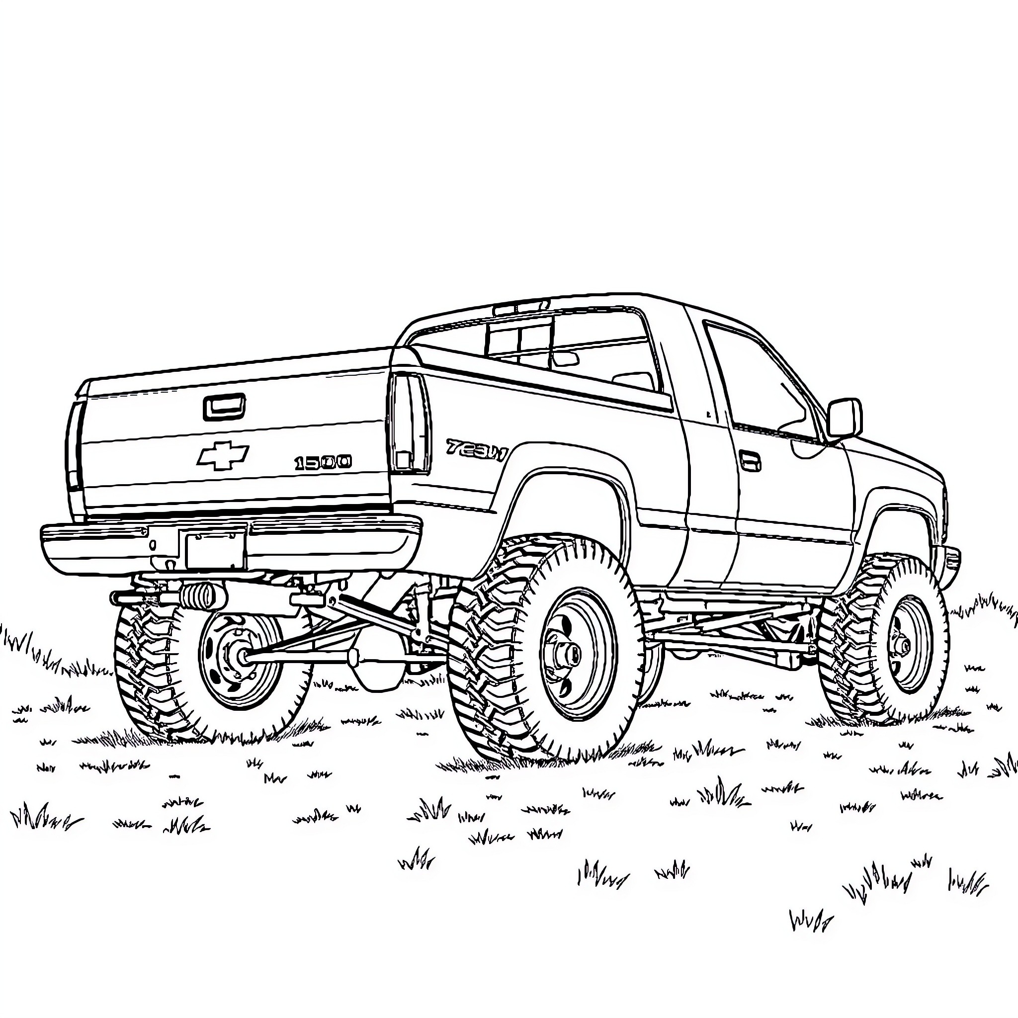 Pickup truck off-roading in rugged terrain Coloring Page (free black-and-white line drawing printable PDF for all, from beginners to advanced learners, including children, teens, adults, and seniors)