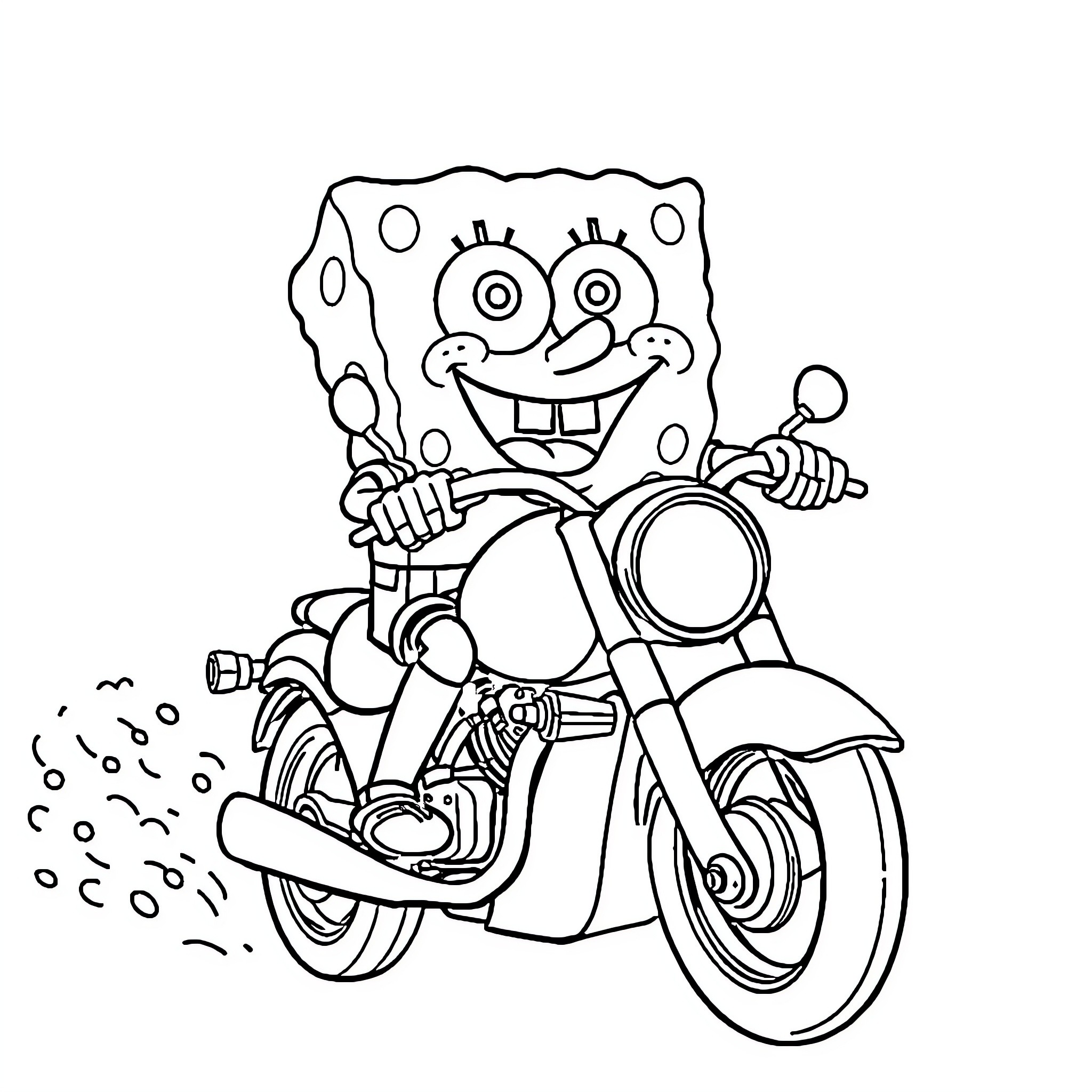 Spongebob riding a motorcycle with excitement Coloring Page (free black-and-white line drawing printable PDF for all, from beginners to advanced learners, including children, teens, adults, and seniors)
