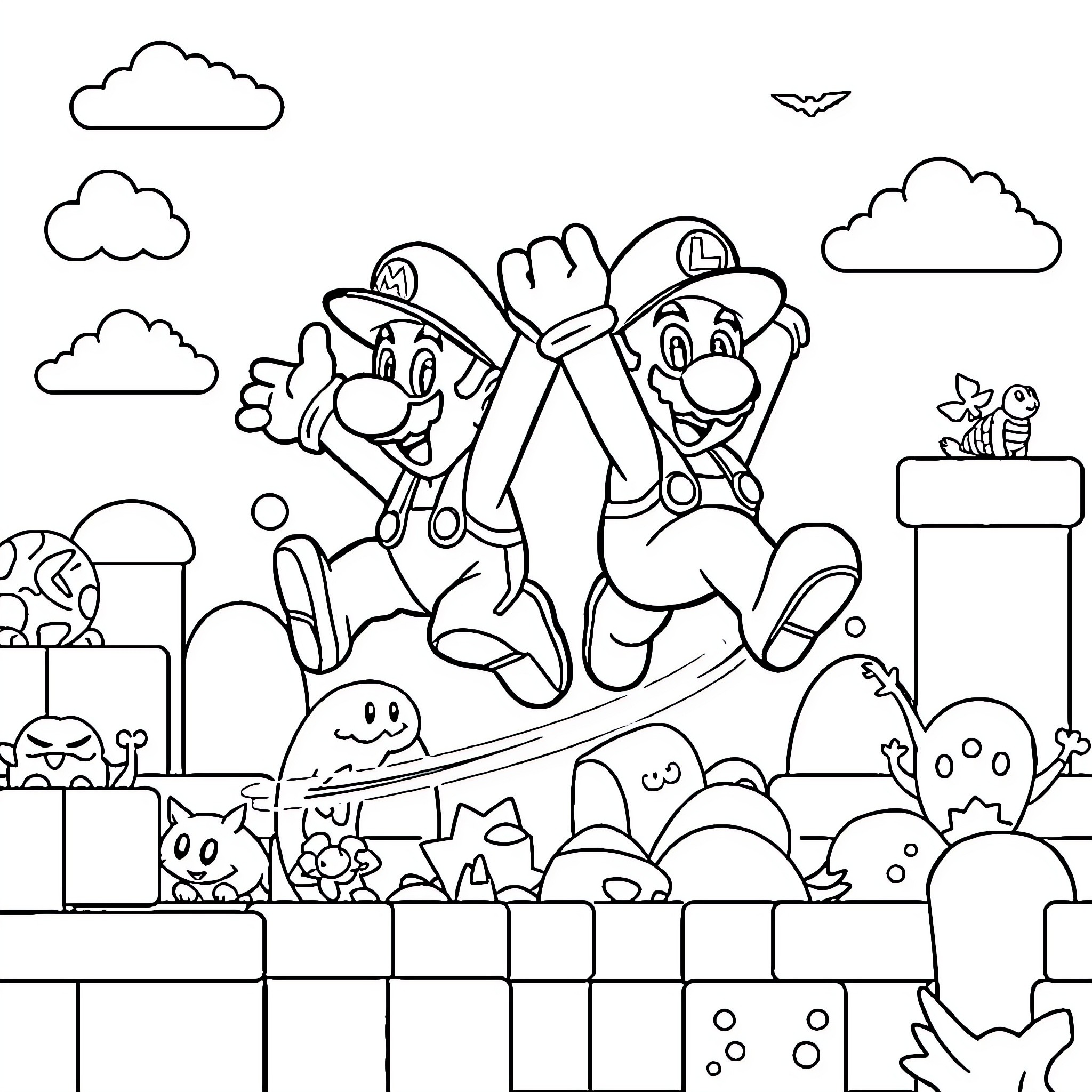 Mario and Luigi Jumping with Joy in Cartoon World Coloring Page (free black-and-white line drawing printable PDF for all, from beginners to advanced learners, including children, teens, adults, and seniors)
