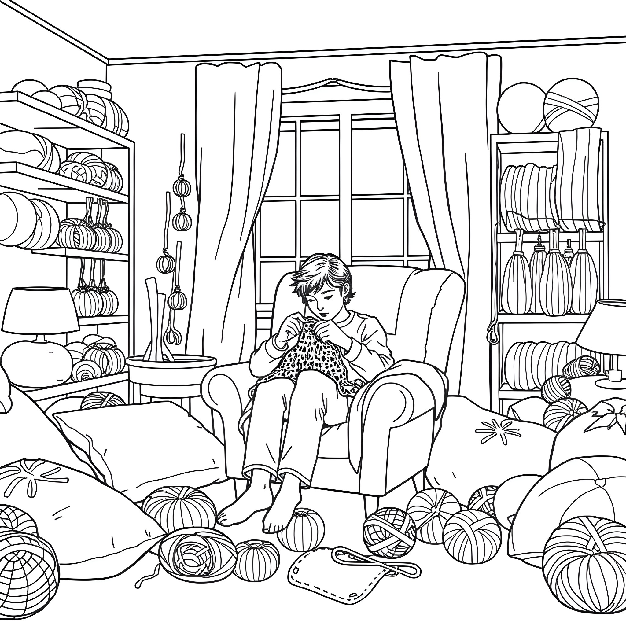 Crochet time with a cozy indoor scene Coloring Page (free black-and-white line drawing printable PDF for all, from beginners to advanced learners, including children, teens, adults, and seniors)