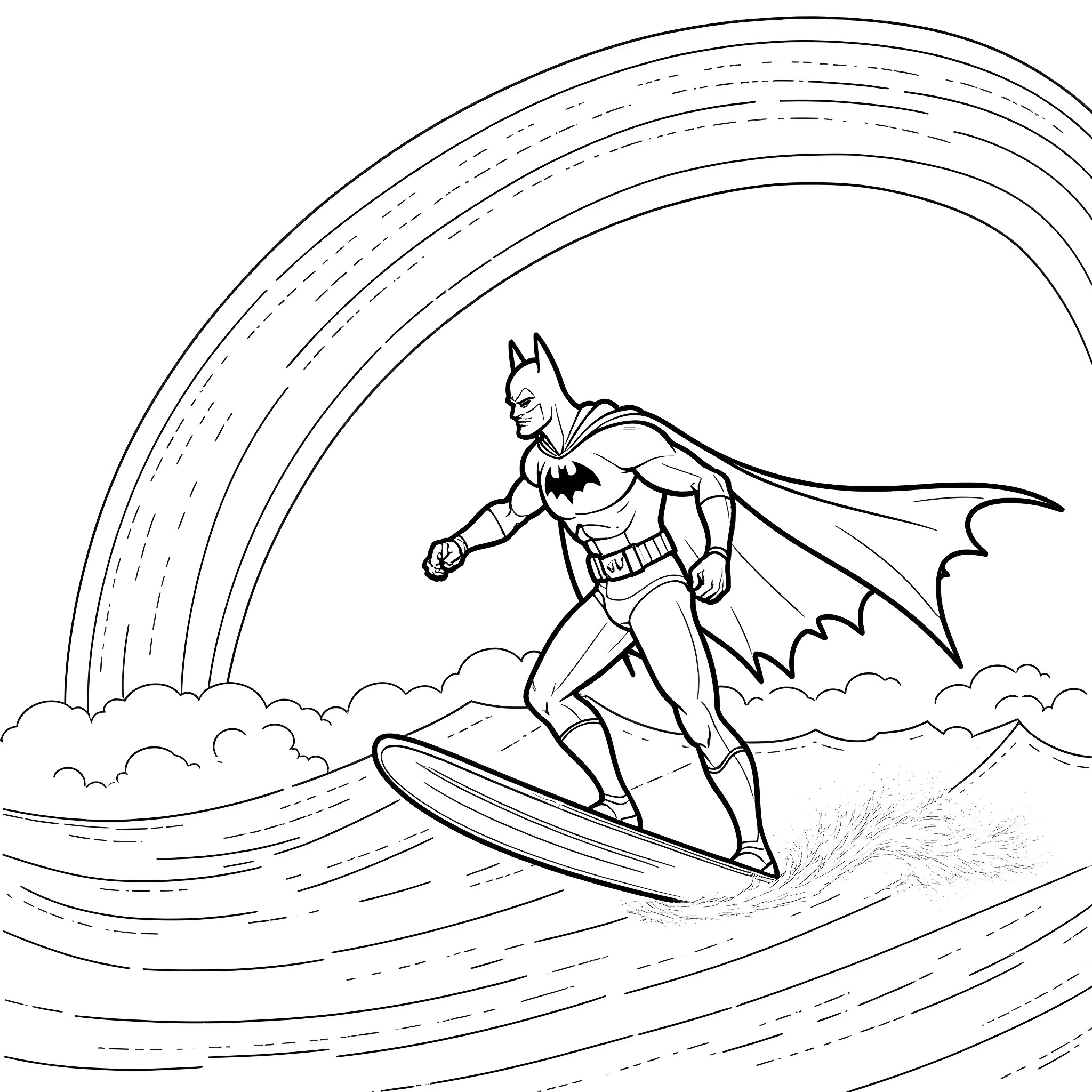 Batman surfing through the waves Coloring Page (free black-and-white line drawing printable PDF for all, from beginners to advanced learners, including children, teens, adults, and seniors)