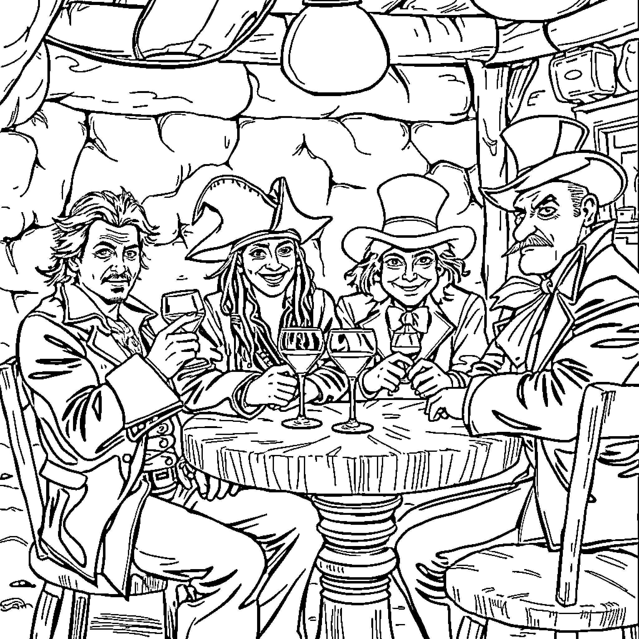 Johnny Depp and friends enjoying drinks at a saloon Coloring Page (free black-and-white line drawing printable PDF for all, from beginners to advanced learners, including children, teens, adults, and seniors)