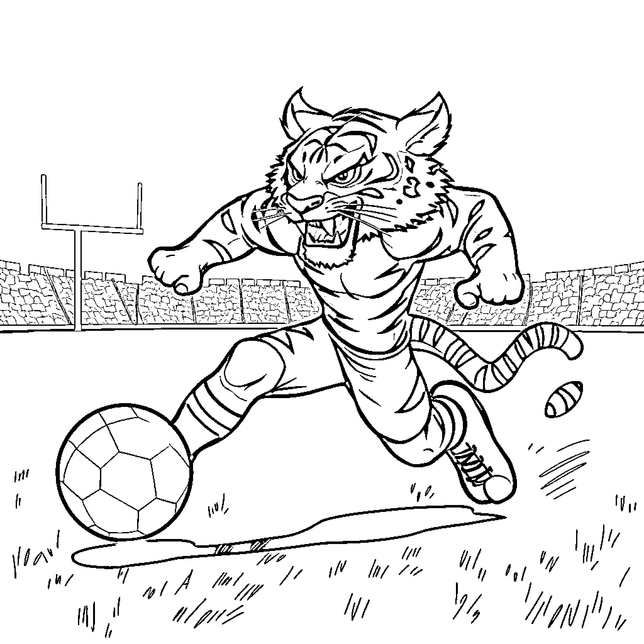Tiger playing soccer in a stadium Coloring Page (free black-and-white line drawing printable PDF for all, from beginners to advanced learners, including children, teens, adults, and seniors)