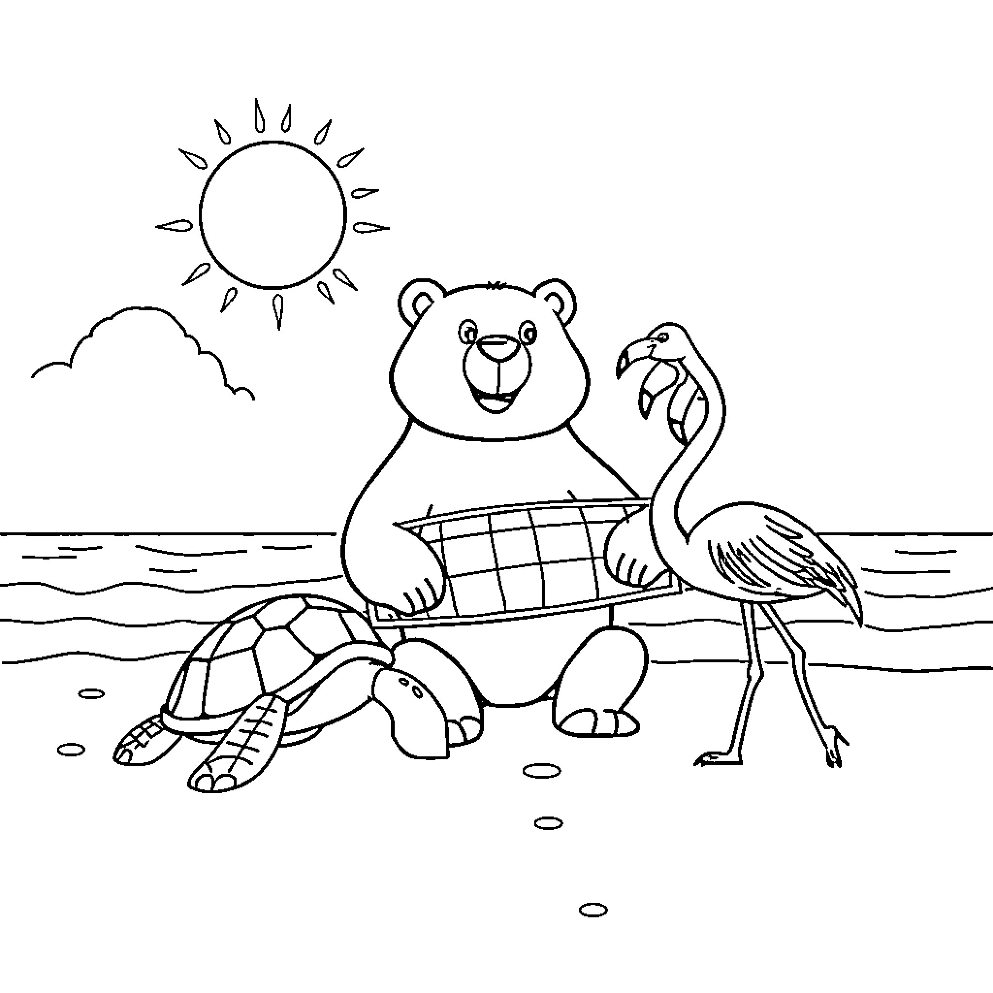 Turtle, bear, and flamingo enjoying the beach Coloring Page (free black-and-white line drawing printable PDF for all, from beginners to advanced learners, including children, teens, adults, and seniors)