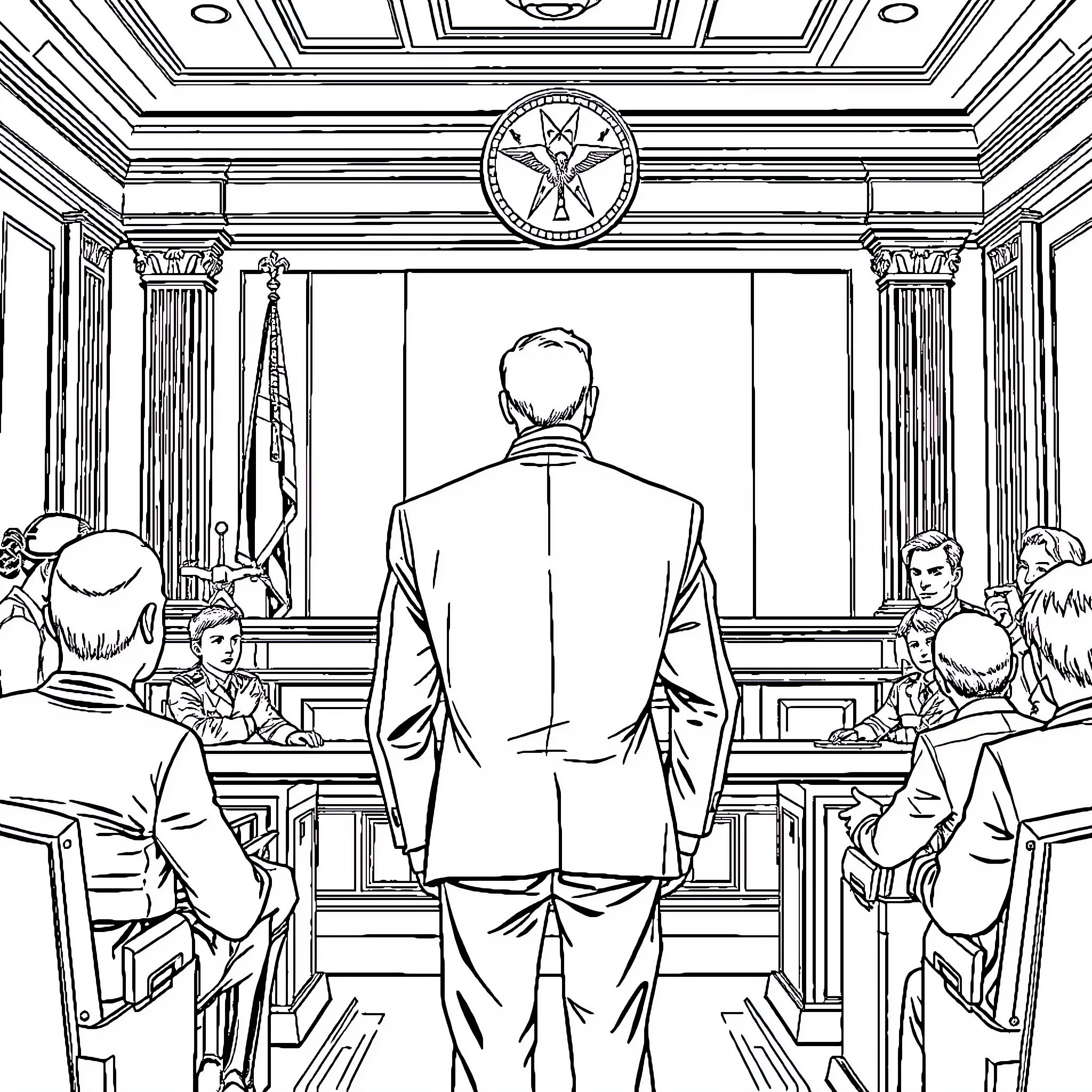 Cg5 Men in suits attending court hearing Coloring Page (free black-and-white line drawing printable PDF for all, from beginners to advanced learners, including children, teens, adults, and seniors)