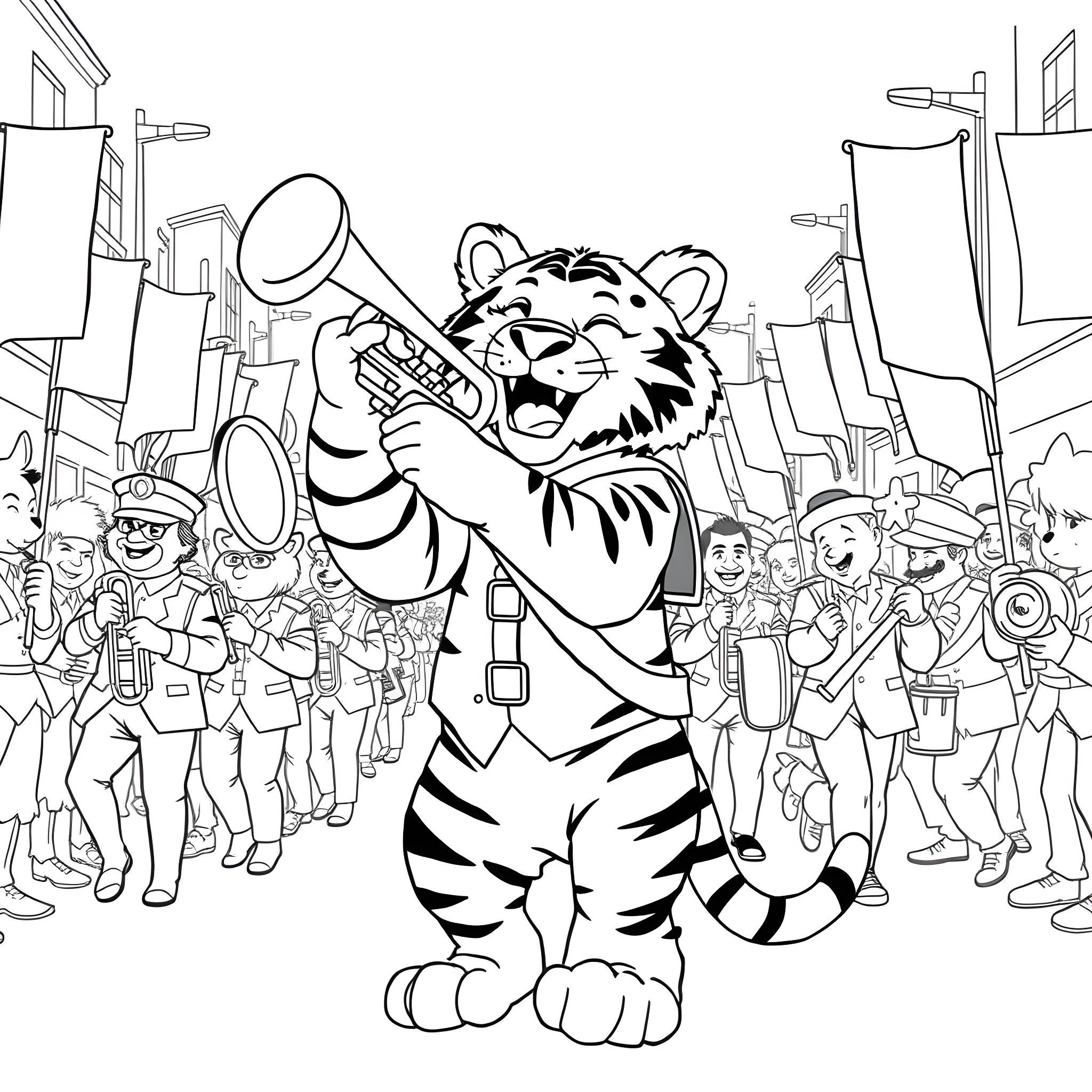 Tiger playing a trumpet in a parade Coloring Page (free black-and-white line drawing printable PDF for all, from beginners to advanced learners, including children, teens, adults, and seniors)