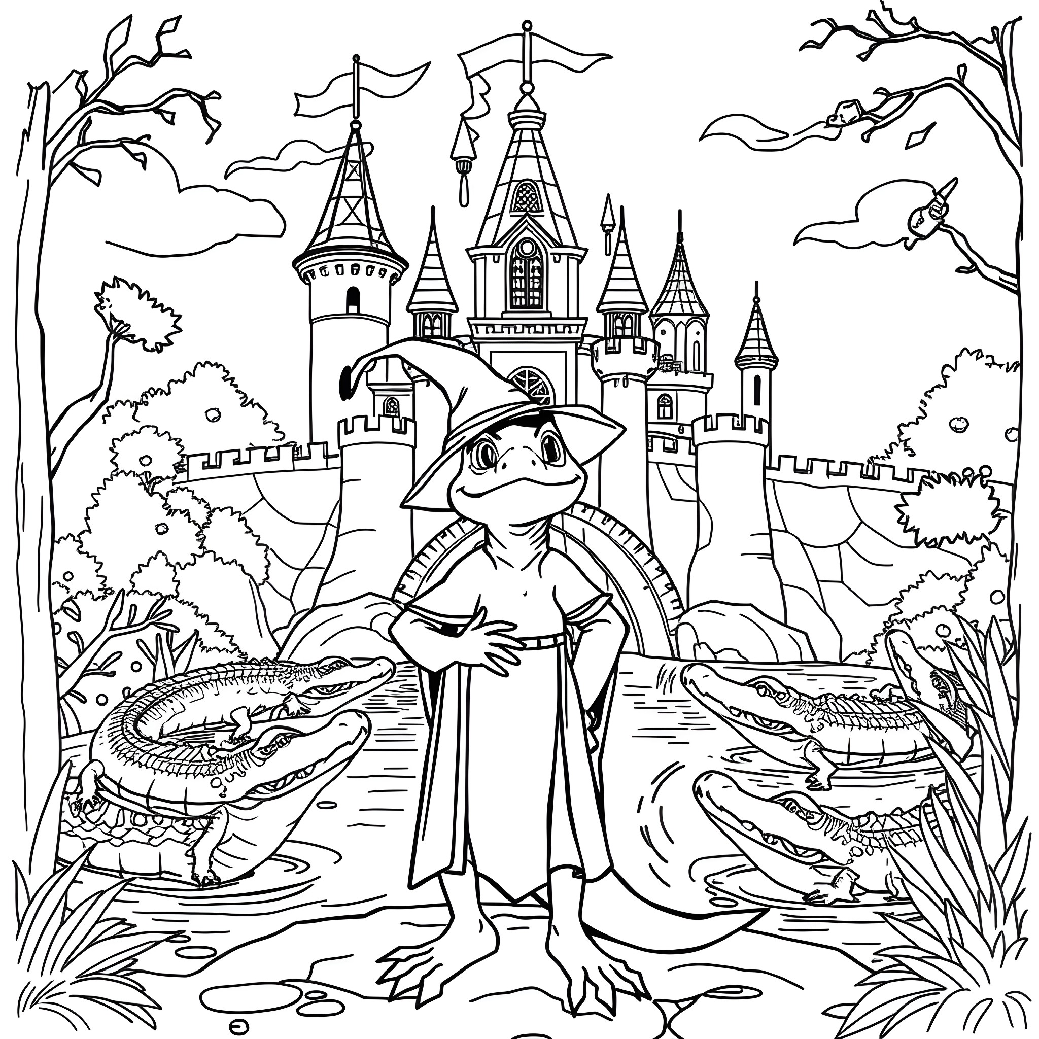 Lizard exploring the enchanted castle grounds Coloring Page (free black-and-white line drawing printable PDF for all, from beginners to advanced learners, including children, teens, adults, and seniors)