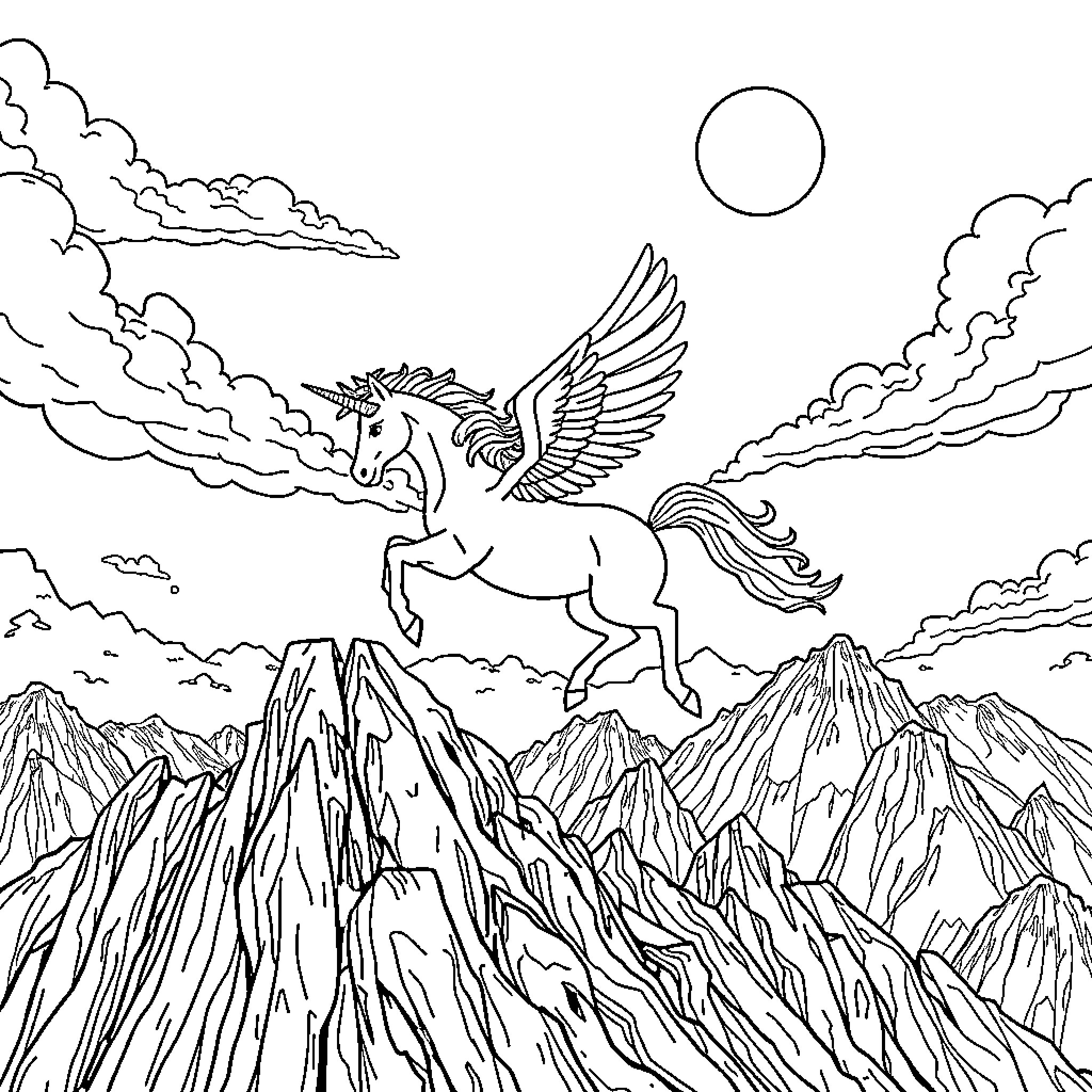 Unicorn soaring over majestic mountain landscape Coloring Page (free black-and-white line drawing printable PDF for all, from beginners to advanced learners, including children, teens, adults, and seniors)