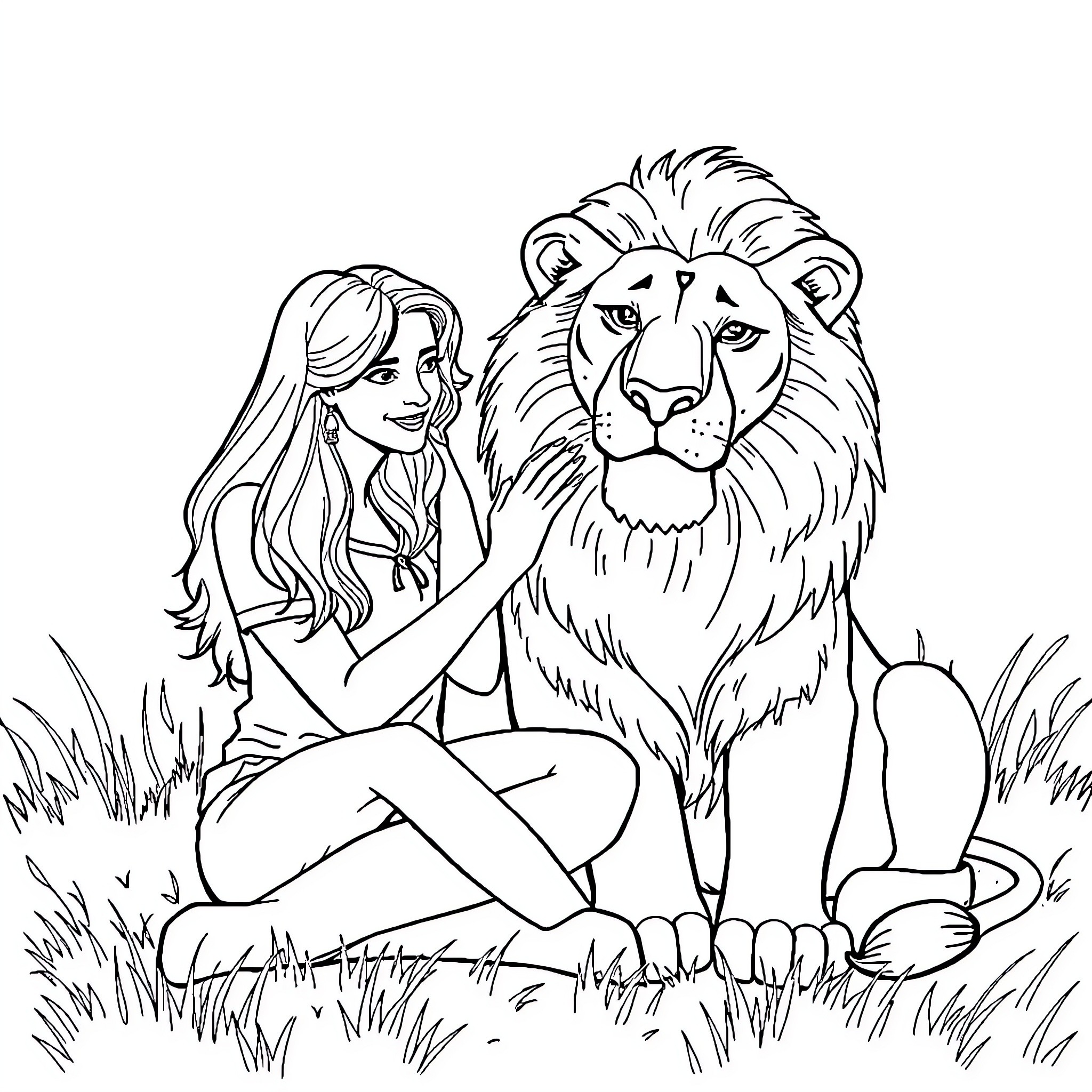 Woman sitting with majestic lion in grassy field Coloring Page (free black-and-white line drawing printable PDF for all, from beginners to advanced learners, including children, teens, adults, and seniors)
