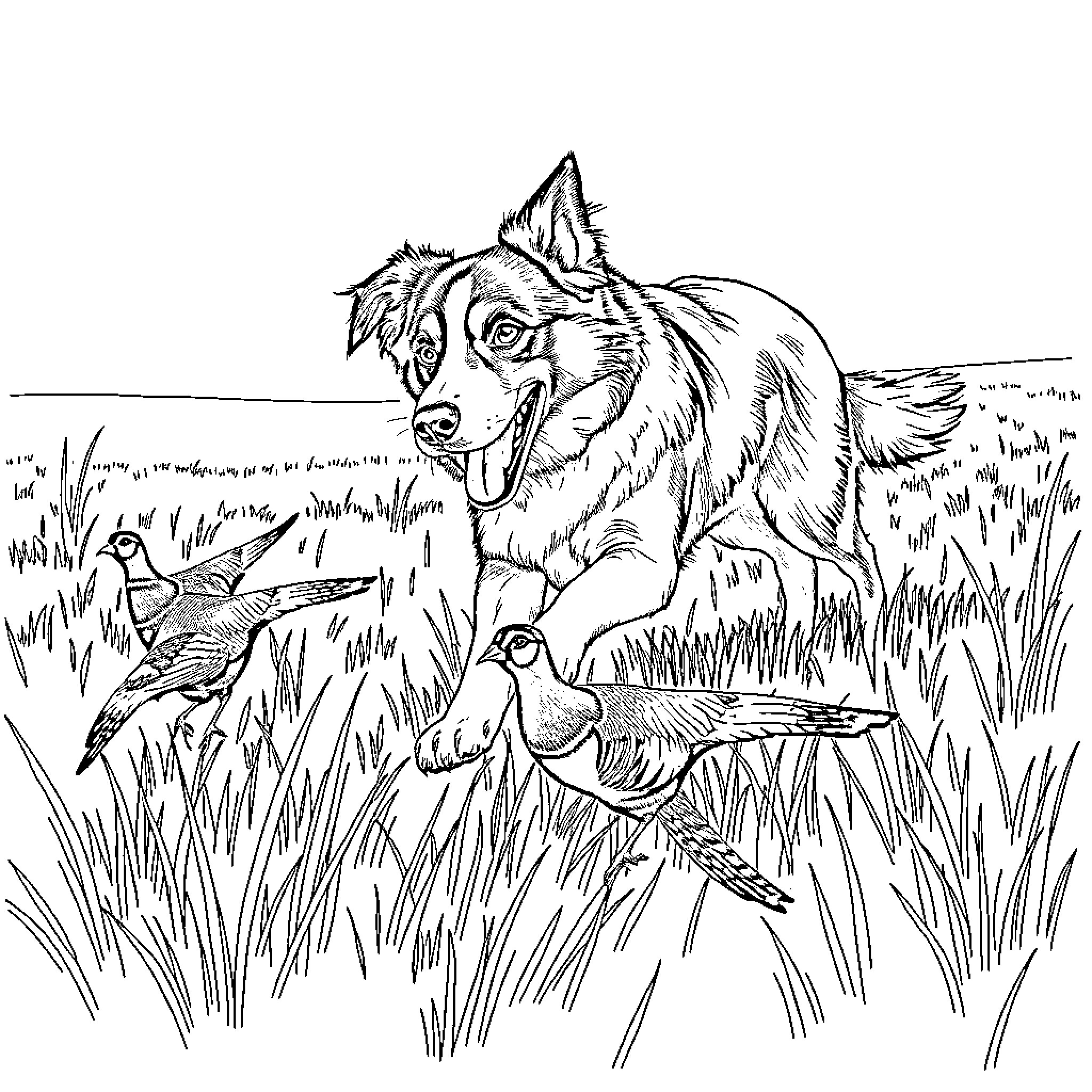Border Collie herding birds in a grassy field Coloring Page (free black-and-white line drawing printable PDF for all, from beginners to advanced learners, including children, teens, adults, and seniors)