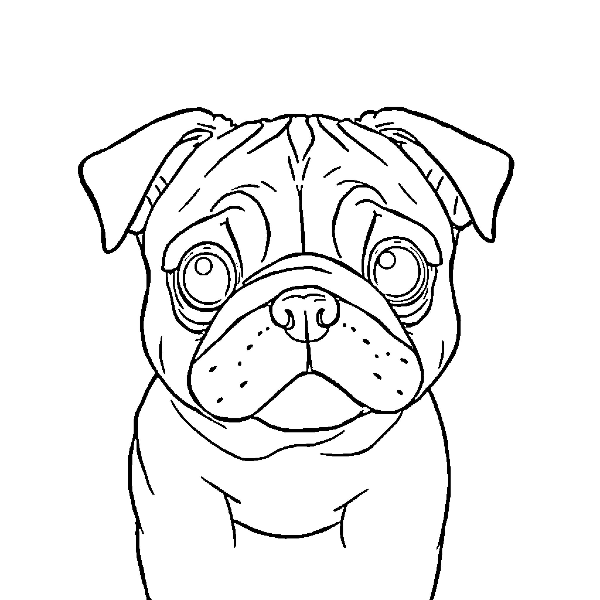 Pug with adorable expression Coloring Page (free black-and-white line drawing printable PDF for all, from beginners to advanced learners, including children, teens, adults, and seniors)