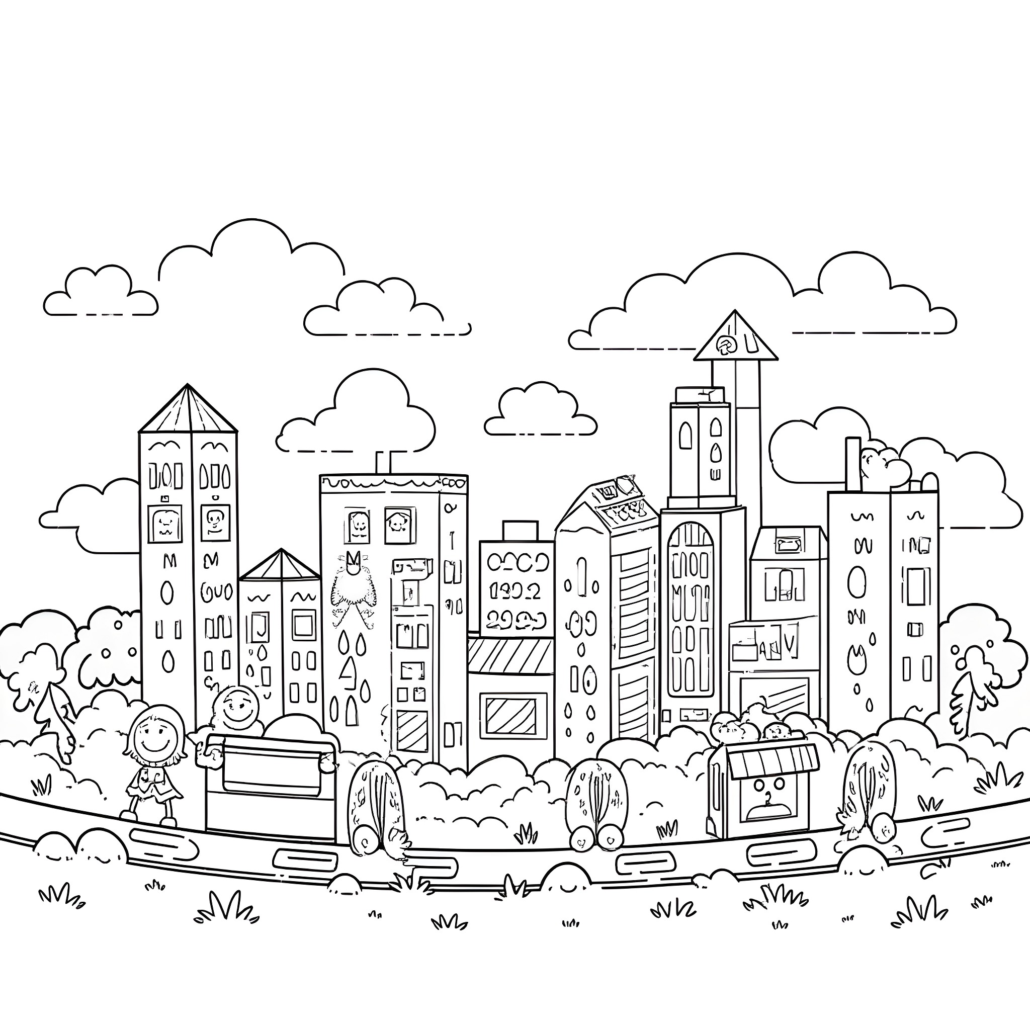 Numberblock characters exploring a cityscape Coloring Page (free black-and-white line drawing printable PDF for all, from beginners to advanced learners, including children, teens, adults, and seniors)