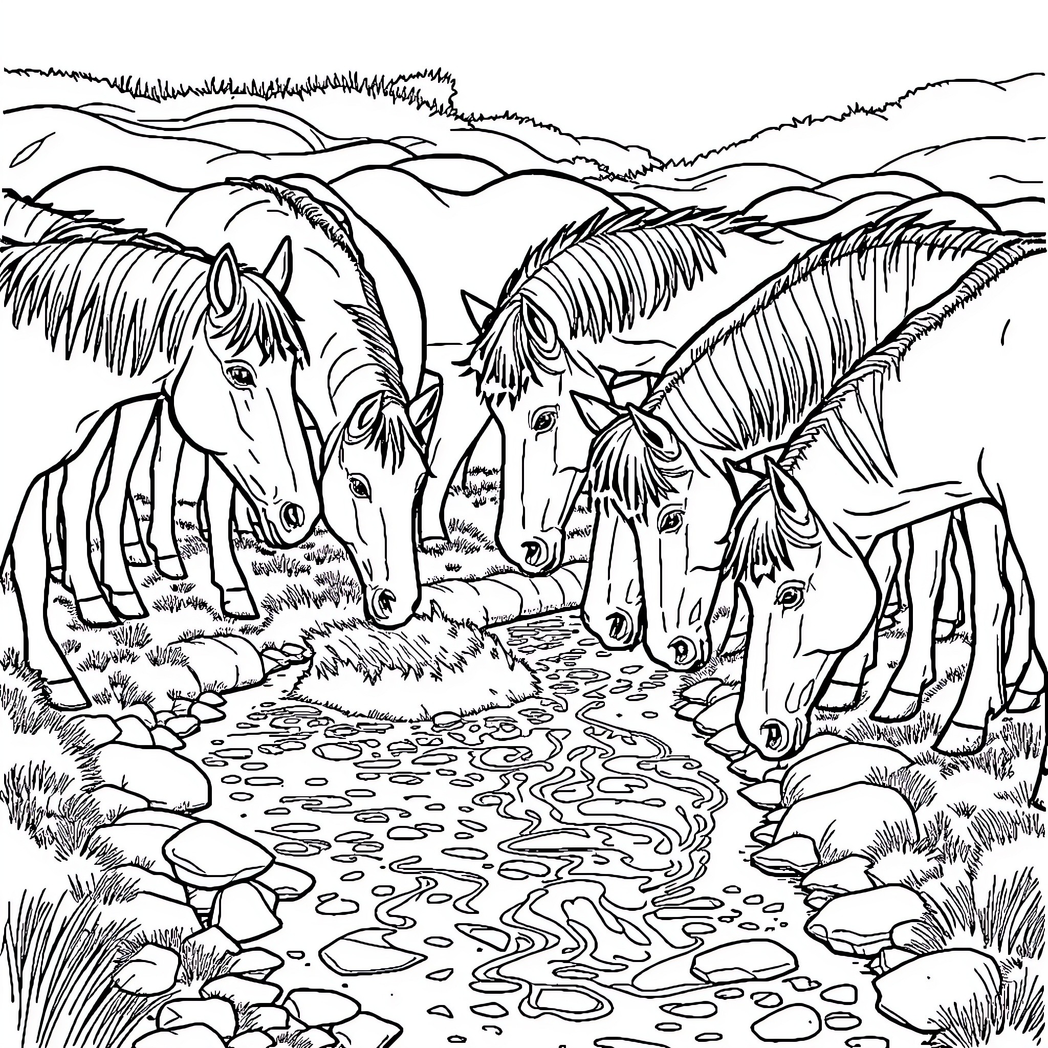 Horse herd wandering through scenic mountain landscape Coloring Page (free black-and-white line drawing printable PDF for all, from beginners to advanced learners, including children, teens, adults, and seniors)