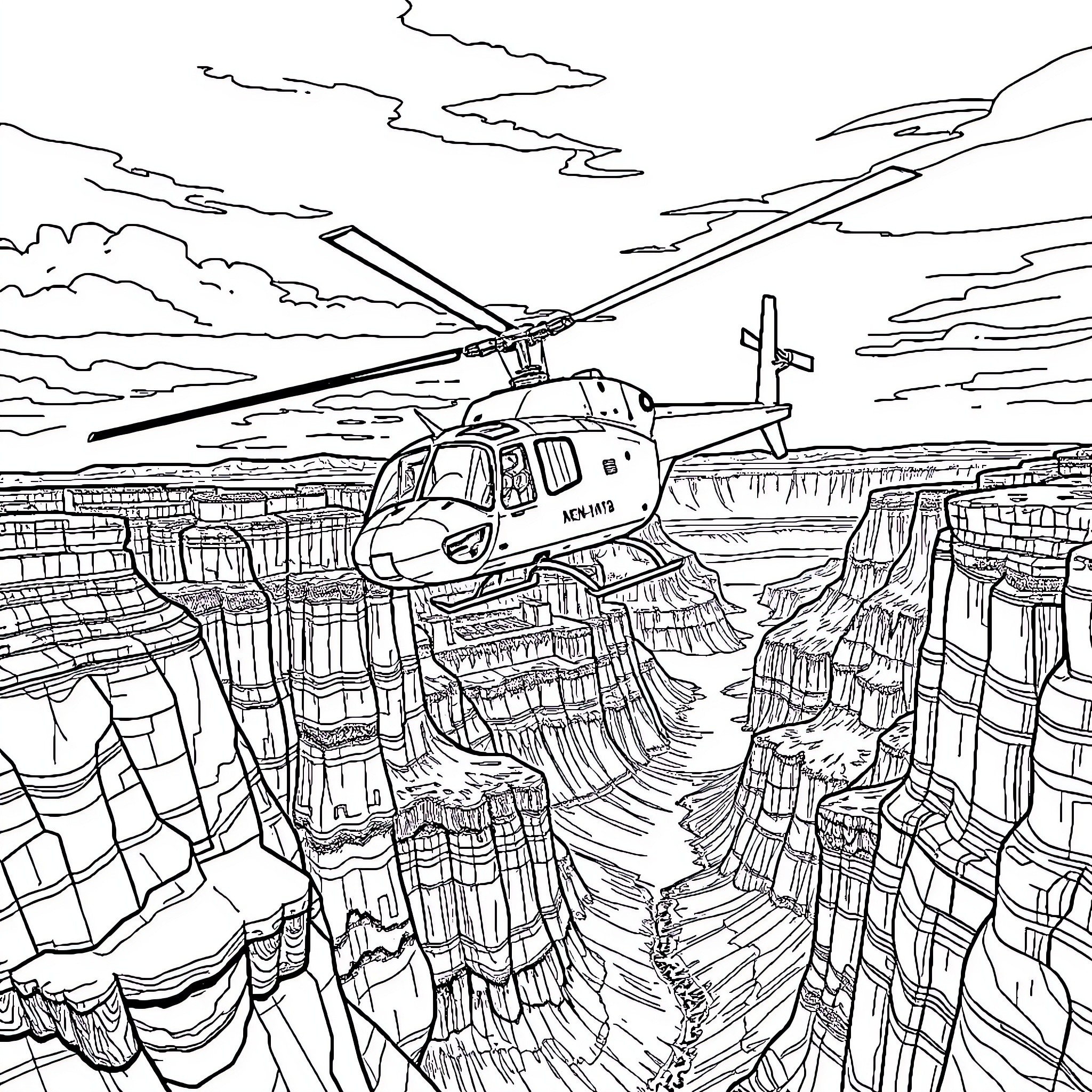 Apache Helicopter soaring over rugged terrain Coloring Page (free black-and-white line drawing printable PDF for all, from beginners to advanced learners, including children, teens, adults, and seniors)