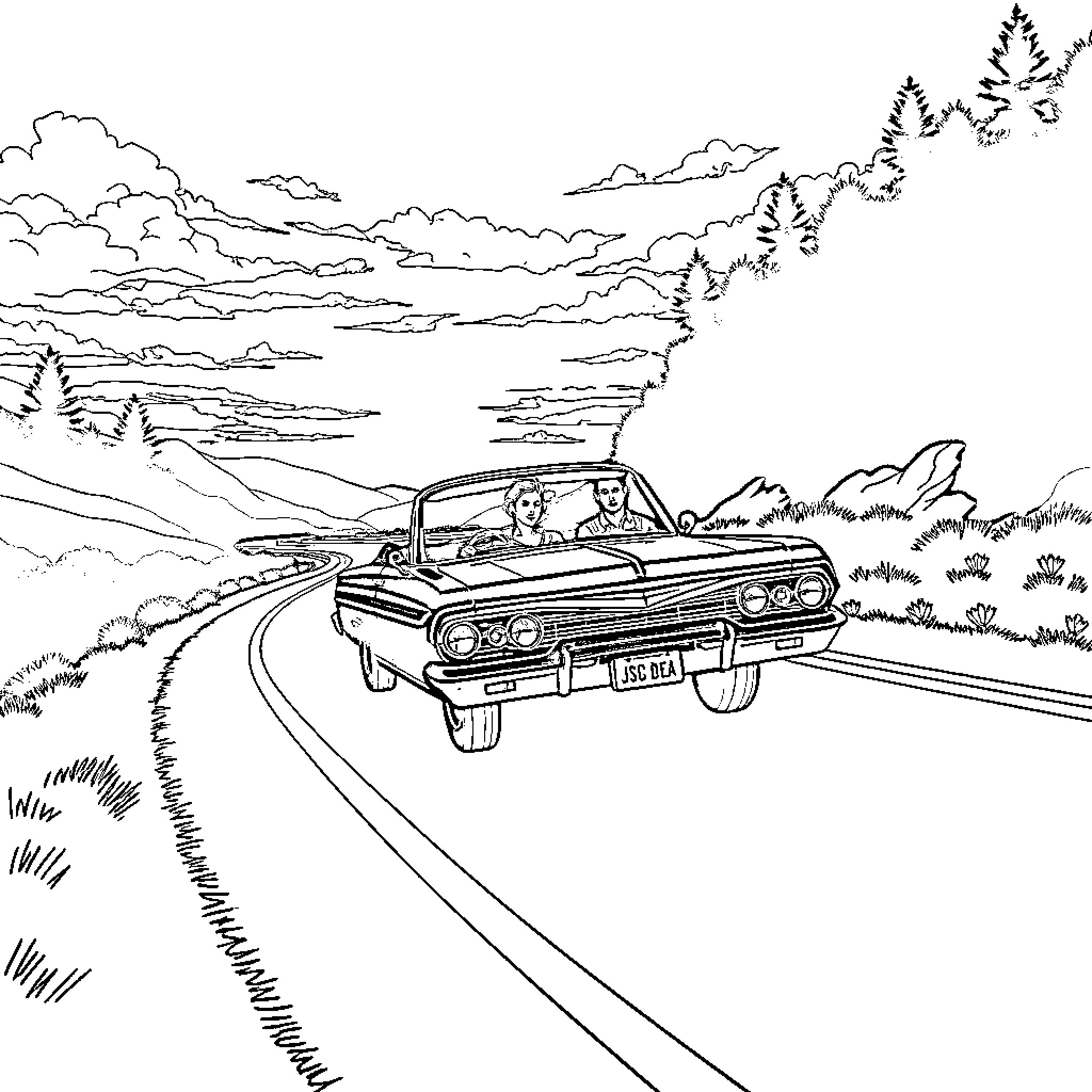 Impala driving through scenic countryside Coloring Page (free black-and-white line drawing printable PDF for all, from beginners to advanced learners, including children, teens, adults, and seniors)
