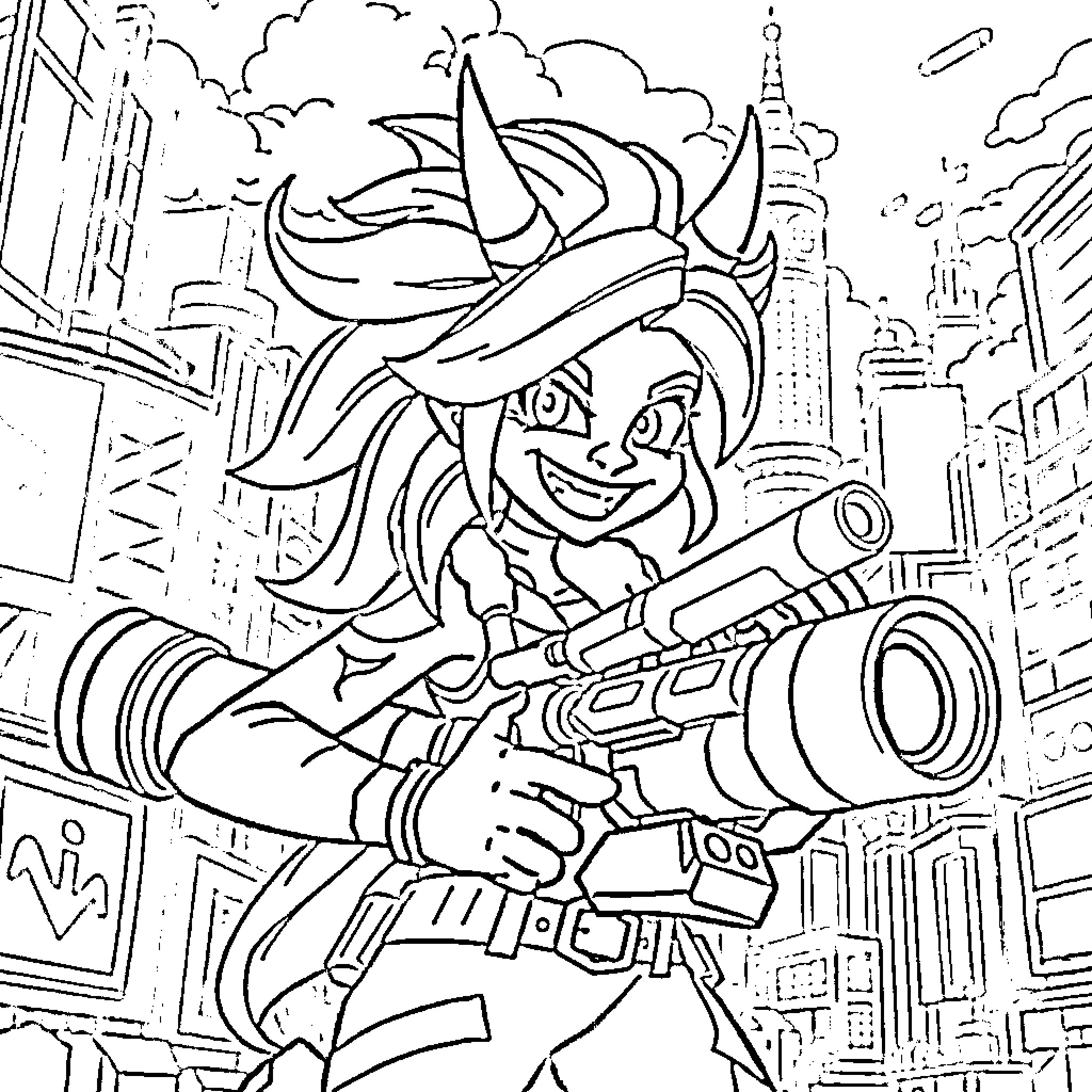 Jinx's Mischievous Mayhem in the City Coloring Page (free black-and-white line drawing printable PDF for all, from beginners to advanced learners, including children, teens, adults, and seniors)