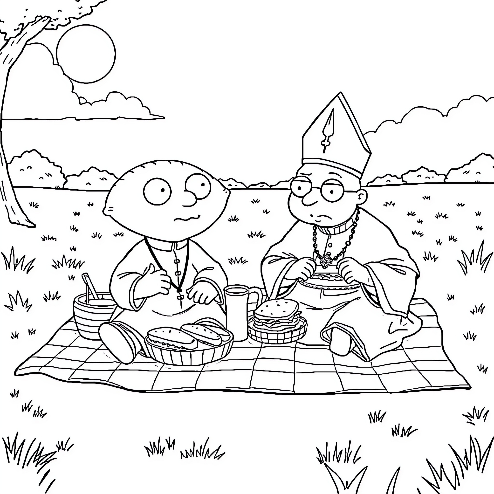Stewie and Brian's Picnic Adventure Coloring Page (free black-and-white line drawing printable PDF for all, from beginners to advanced learners, including children, teens, adults, and seniors)