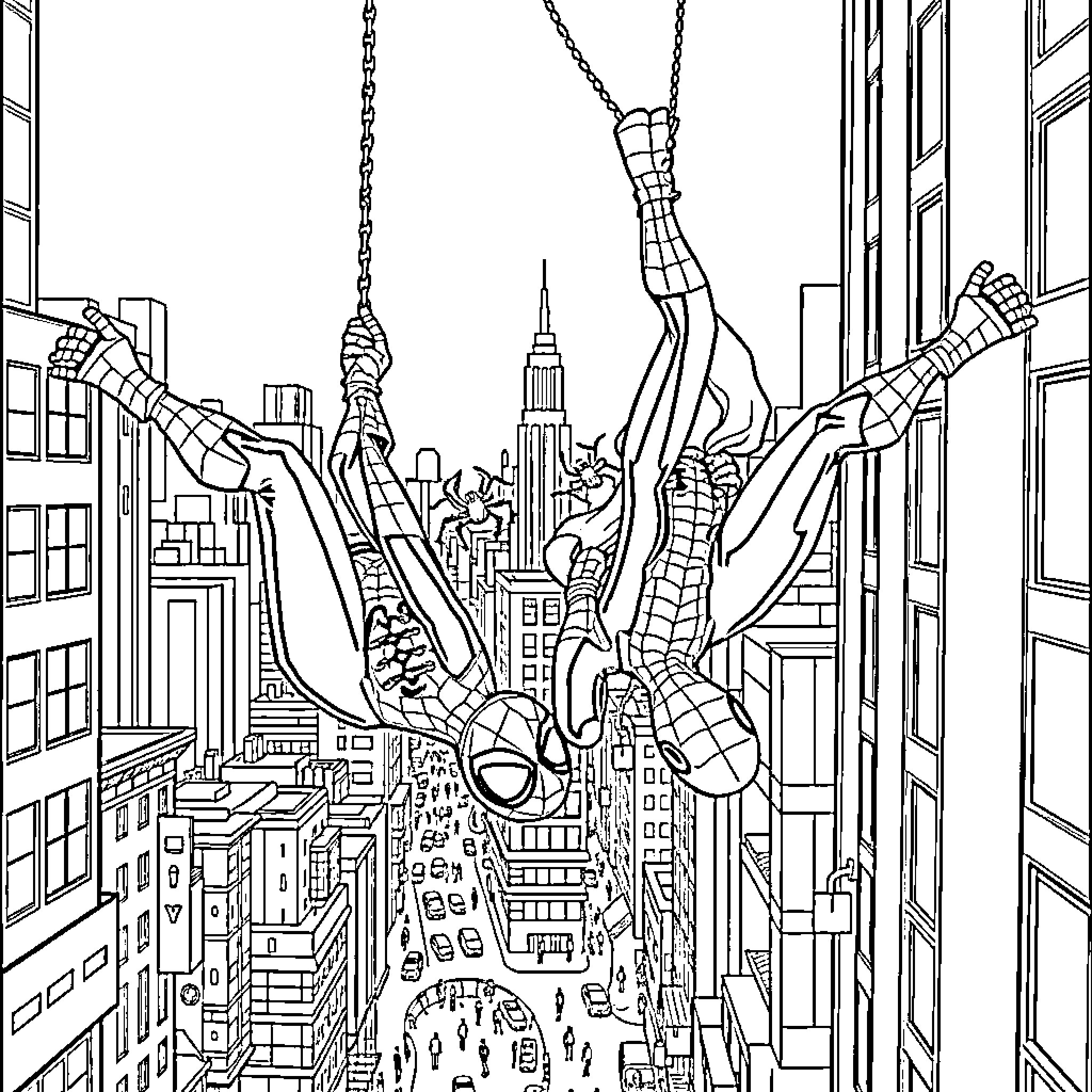 Spiderman swinging through the city skyline Coloring Page (free black-and-white line drawing printable PDF for all, from beginners to advanced learners, including children, teens, adults, and seniors)