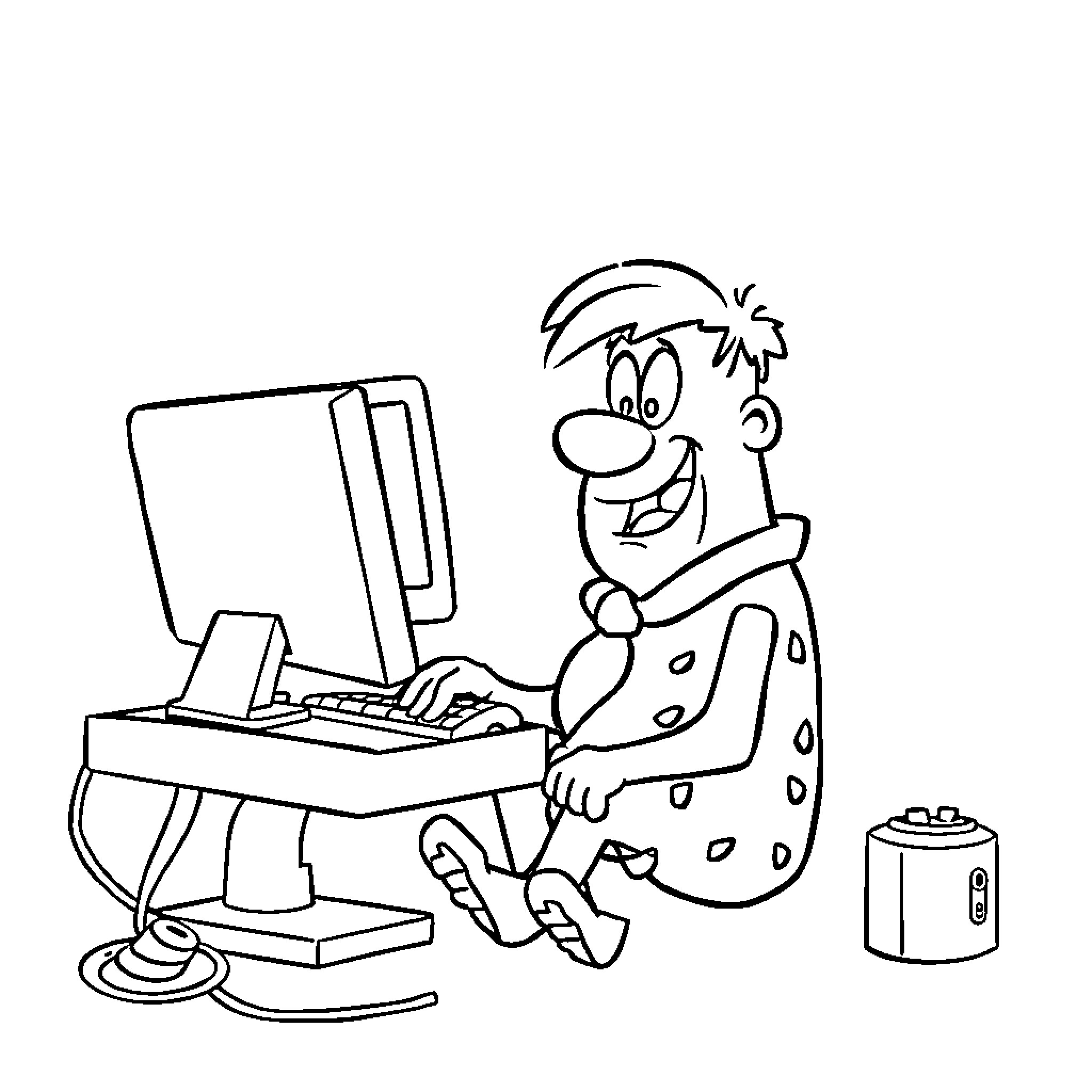 Fred Flintstone using a modern computer Coloring Page (free black-and-white line drawing printable PDF for all, from beginners to advanced learners, including children, teens, adults, and seniors)