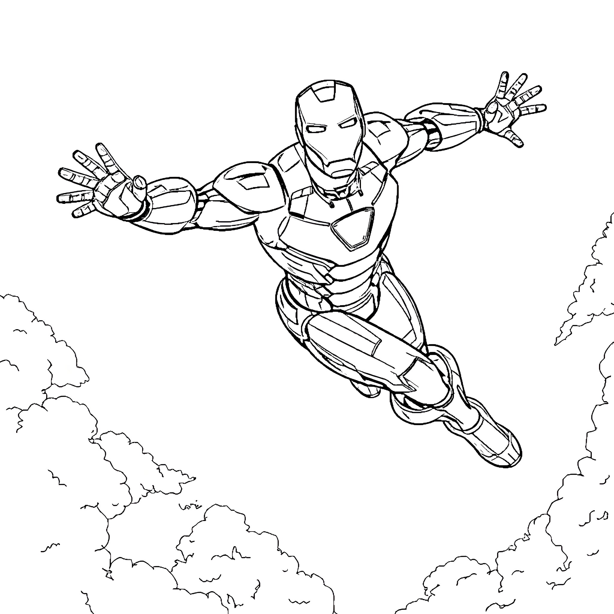 Iron Man soaring through the sky in heroic action Coloring Page (free black-and-white line drawing printable PDF for all, from beginners to advanced learners, including children, teens, adults, and seniors)