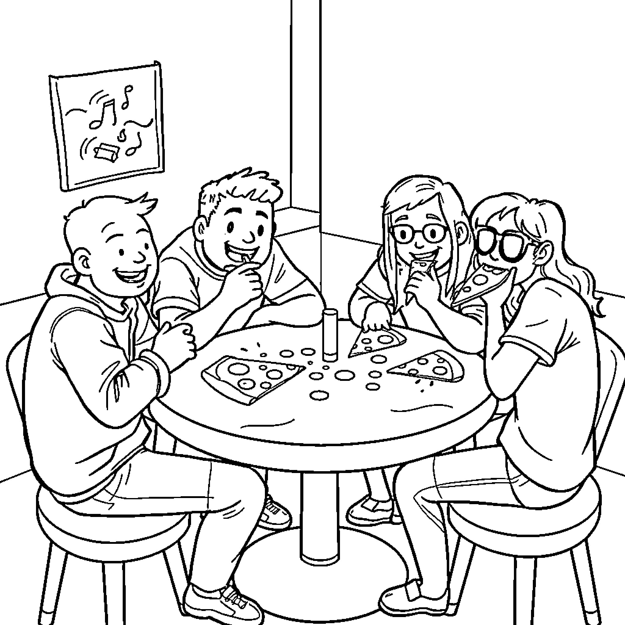 Among Us Friends Enjoying Pizza Together Coloring Page (free black-and-white line drawing printable PDF for all, from beginners to advanced learners, including children, teens, adults, and seniors)