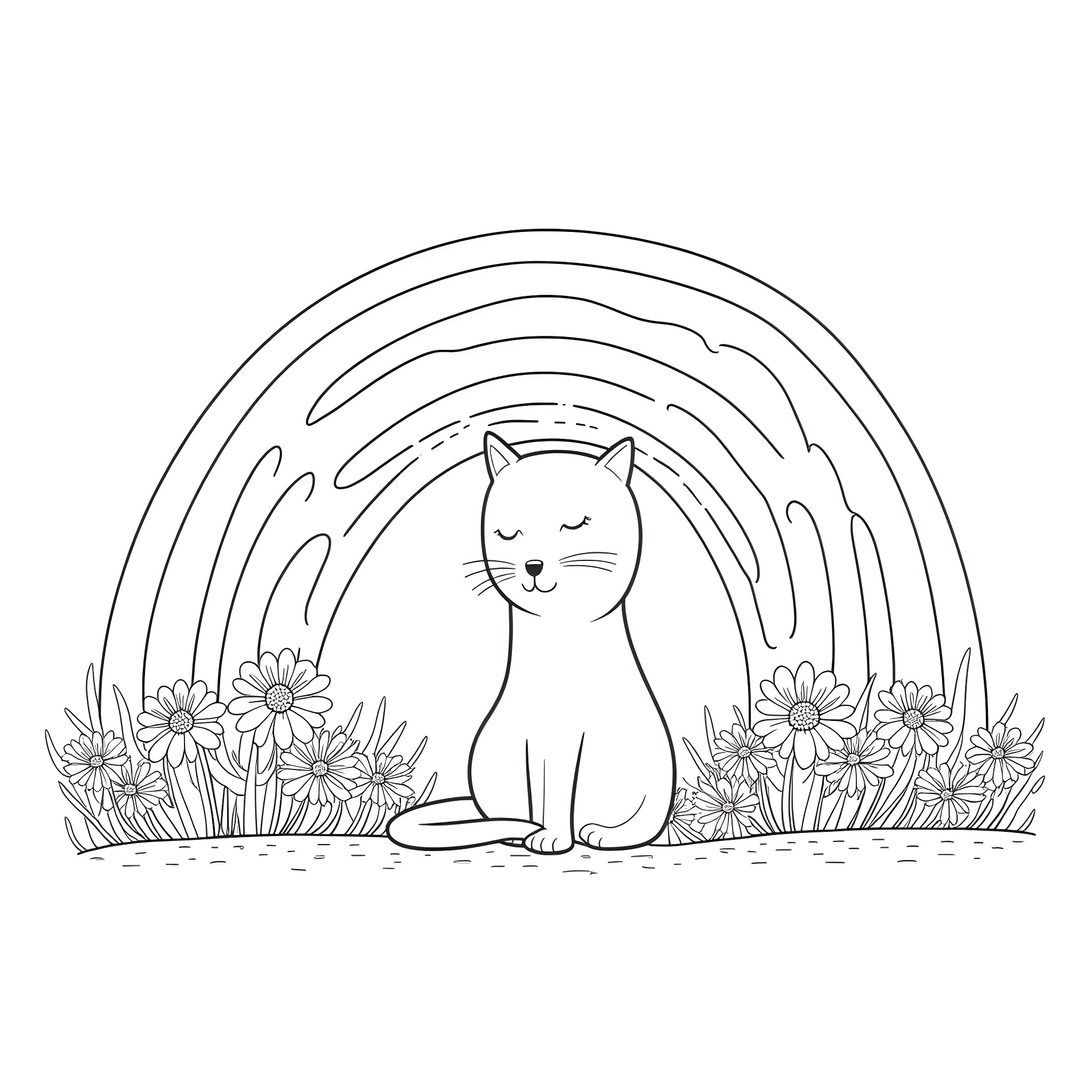 Cat sitting calmly amidst flower garden Coloring Page (free black-and-white line drawing printable PDF for all, from beginners to advanced learners, including children, teens, adults, and seniors)