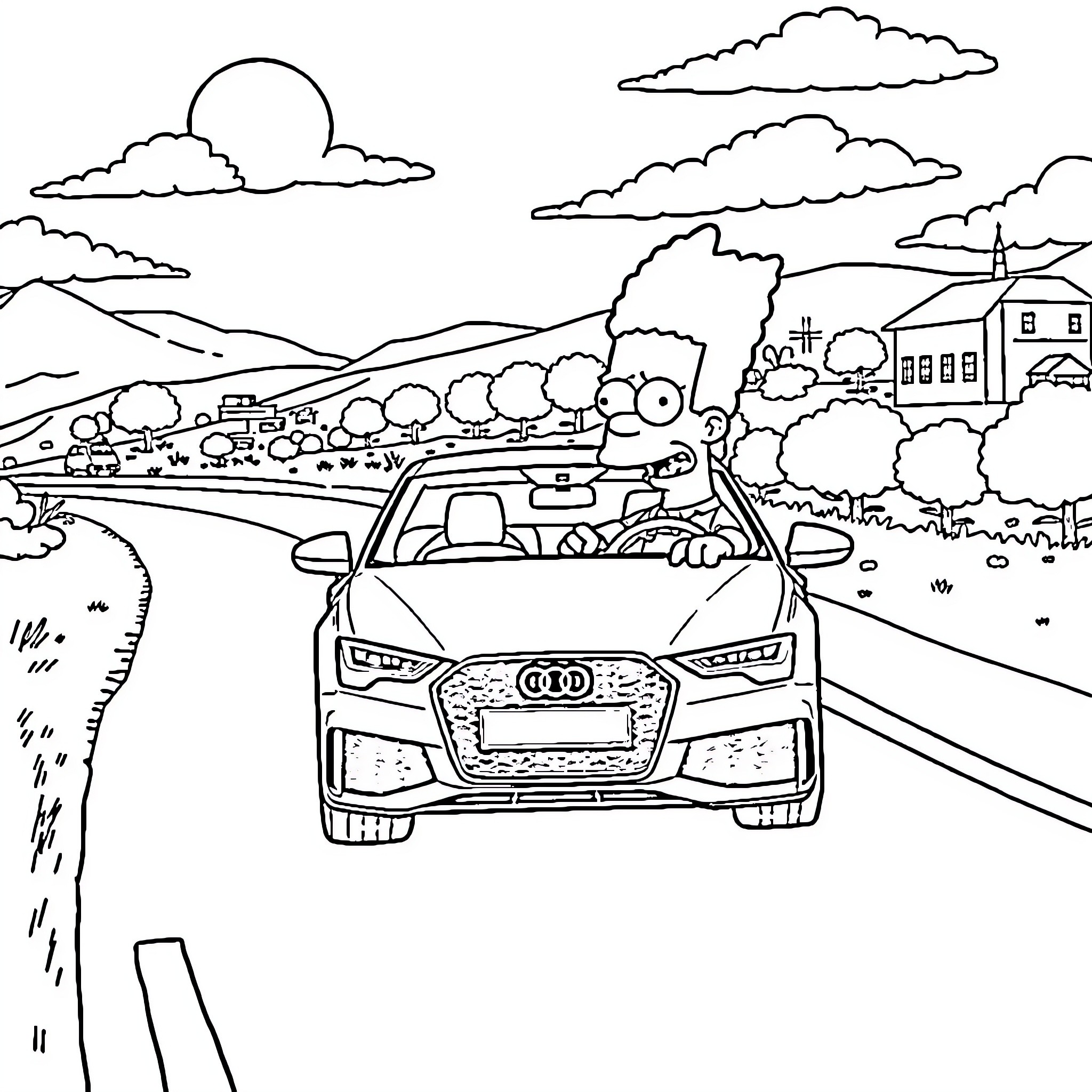 Simpson family's car journey through scenic countryside Coloring Page (free black-and-white line drawing printable PDF for all, from beginners to advanced learners, including children, teens, adults, and seniors)