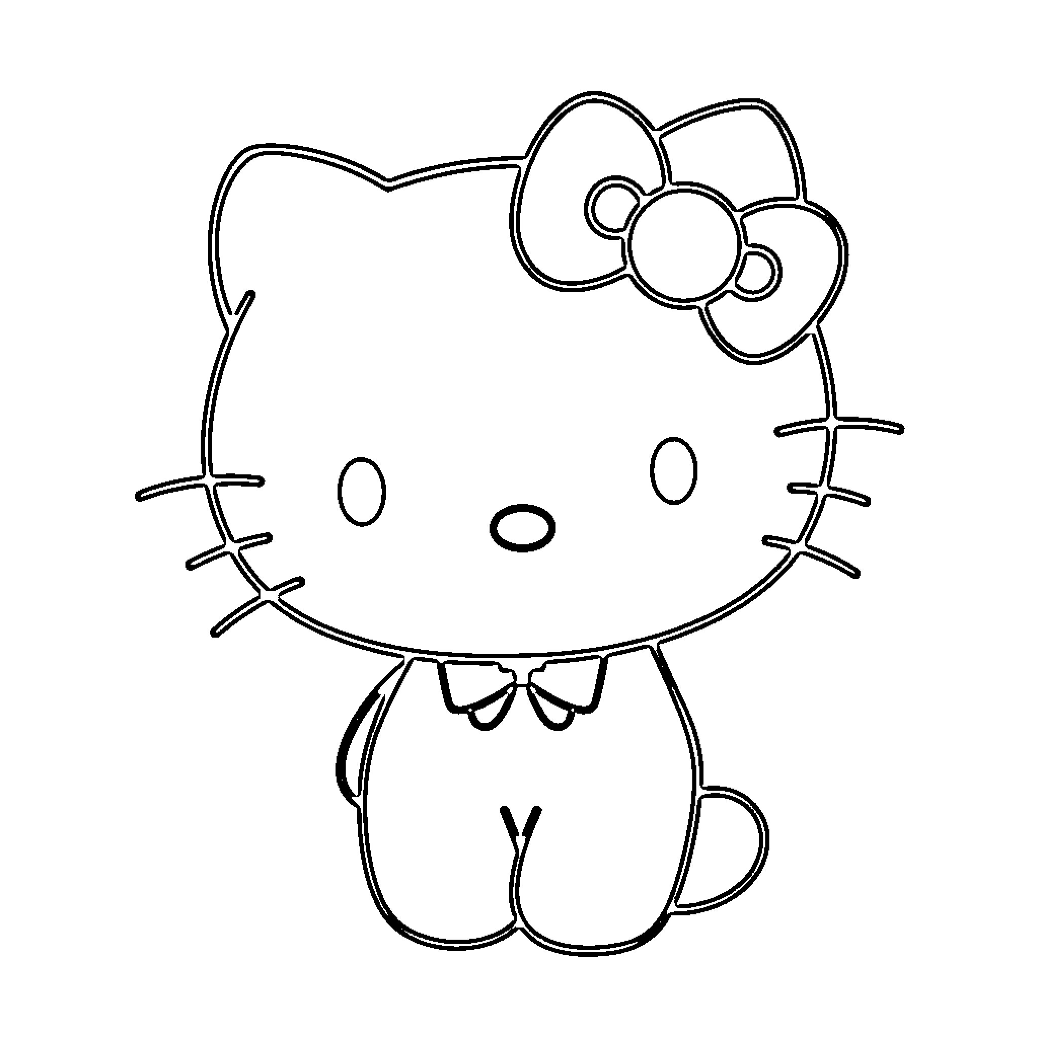 Hello Kitty sitting adorably Coloring Page (free black-and-white line drawing printable PDF for all, from beginners to advanced learners, including children, teens, adults, and seniors)