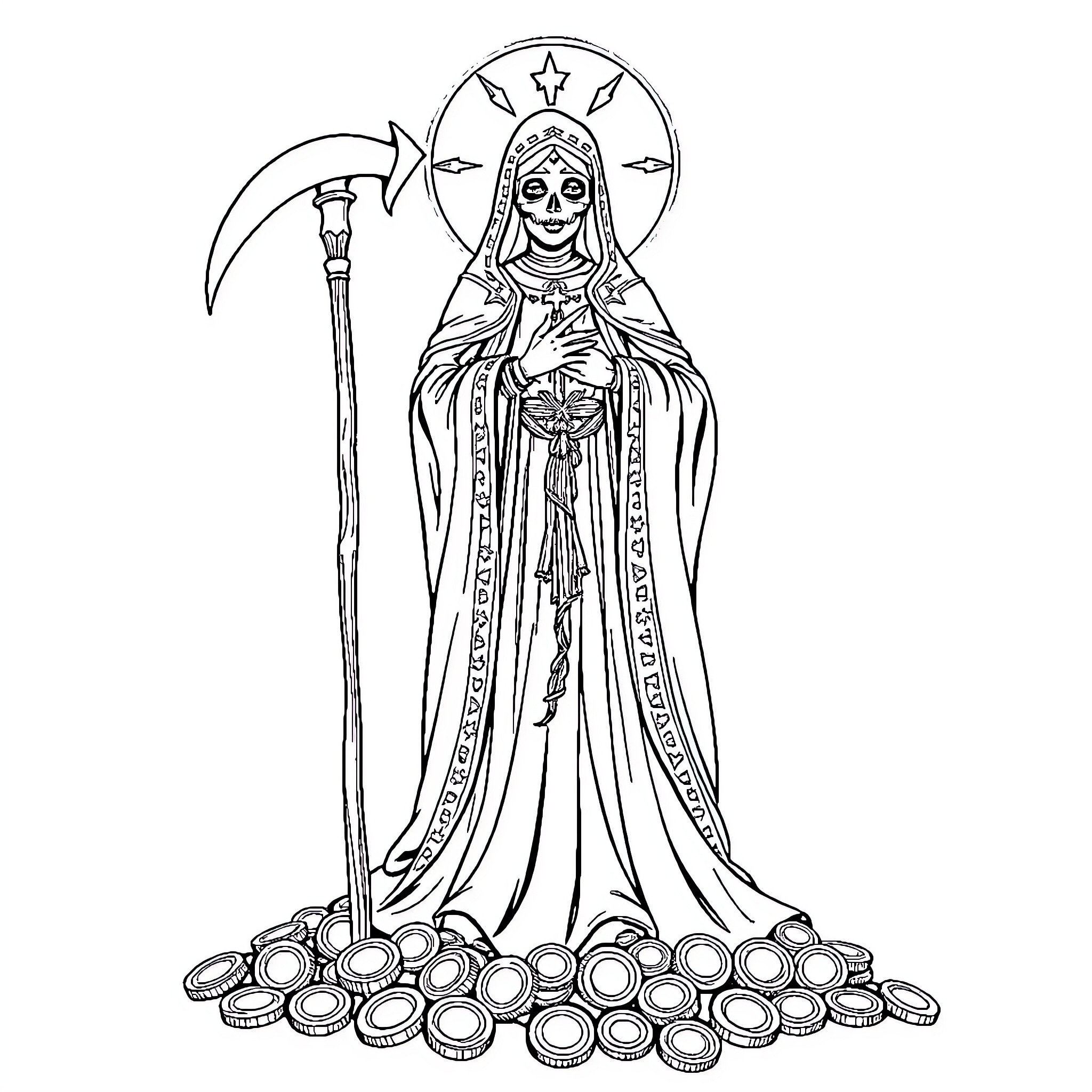Santa Muerte standing solemnly with scythe and coins Coloring Page (free black-and-white line drawing printable PDF for all, from beginners to advanced learners, including children, teens, adults, and seniors)
