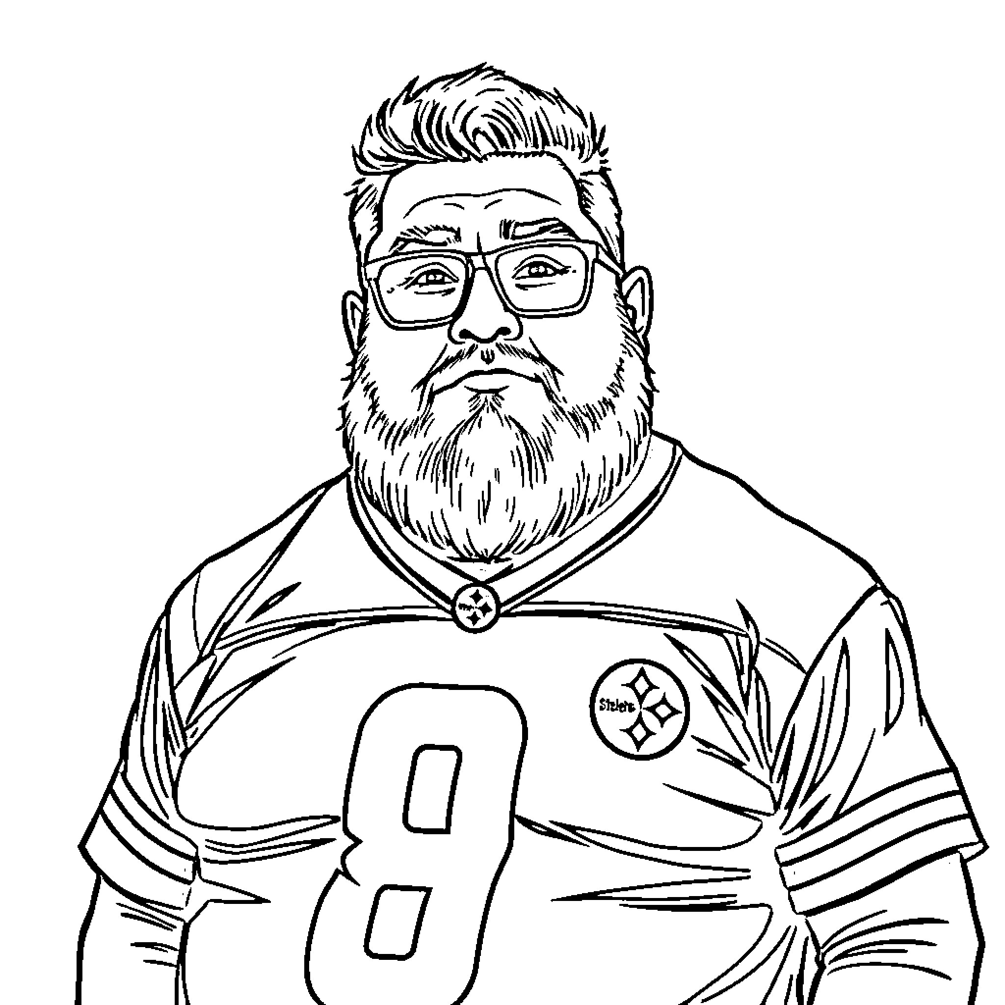 Man in sports jersey with glasses and beard Coloring Page (free black-and-white line drawing printable PDF for all, from beginners to advanced learners, including children, teens, adults, and seniors)