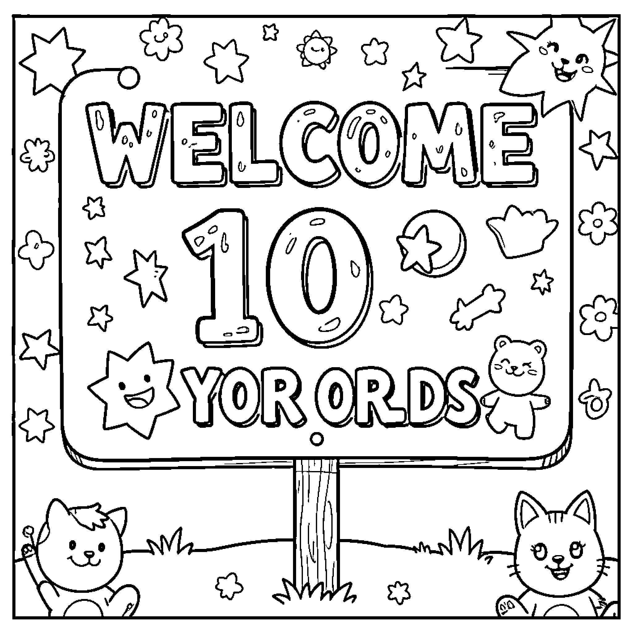 Welcome Sign featuring happy cartoon cats and stars Coloring Page (free black-and-white line drawing printable PDF for all, from beginners to advanced learners, including children, teens, adults, and seniors)