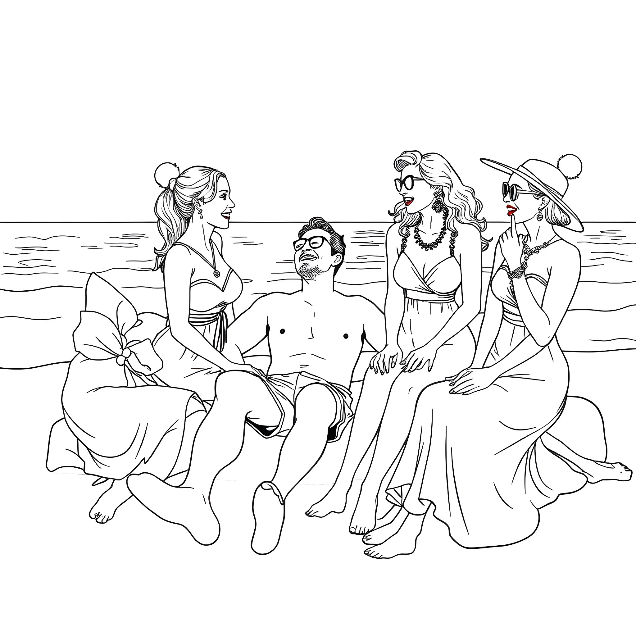 Man relaxes with friends on the beach Coloring Page (free black-and-white line drawing printable PDF for all, from beginners to advanced learners, including children, teens, adults, and seniors)