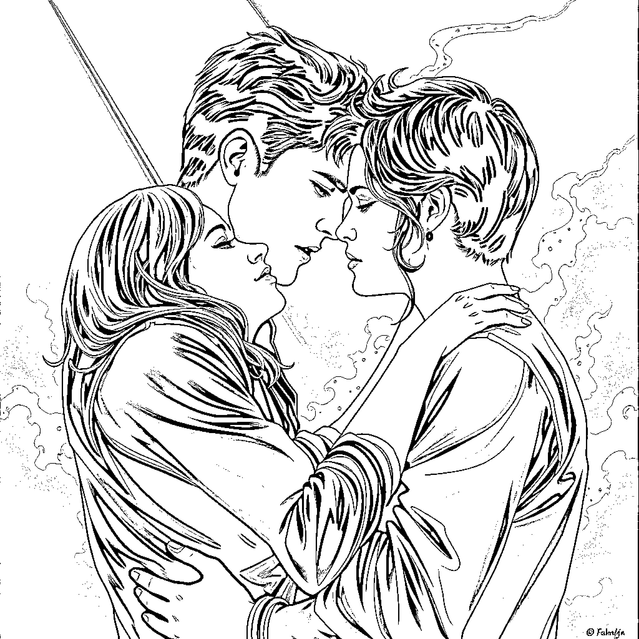 Breaking Dawn: Romantic Embrace Under Stormy Skies Coloring Page (free black-and-white line drawing printable PDF for all, from beginners to advanced learners, including children, teens, adults, and seniors)