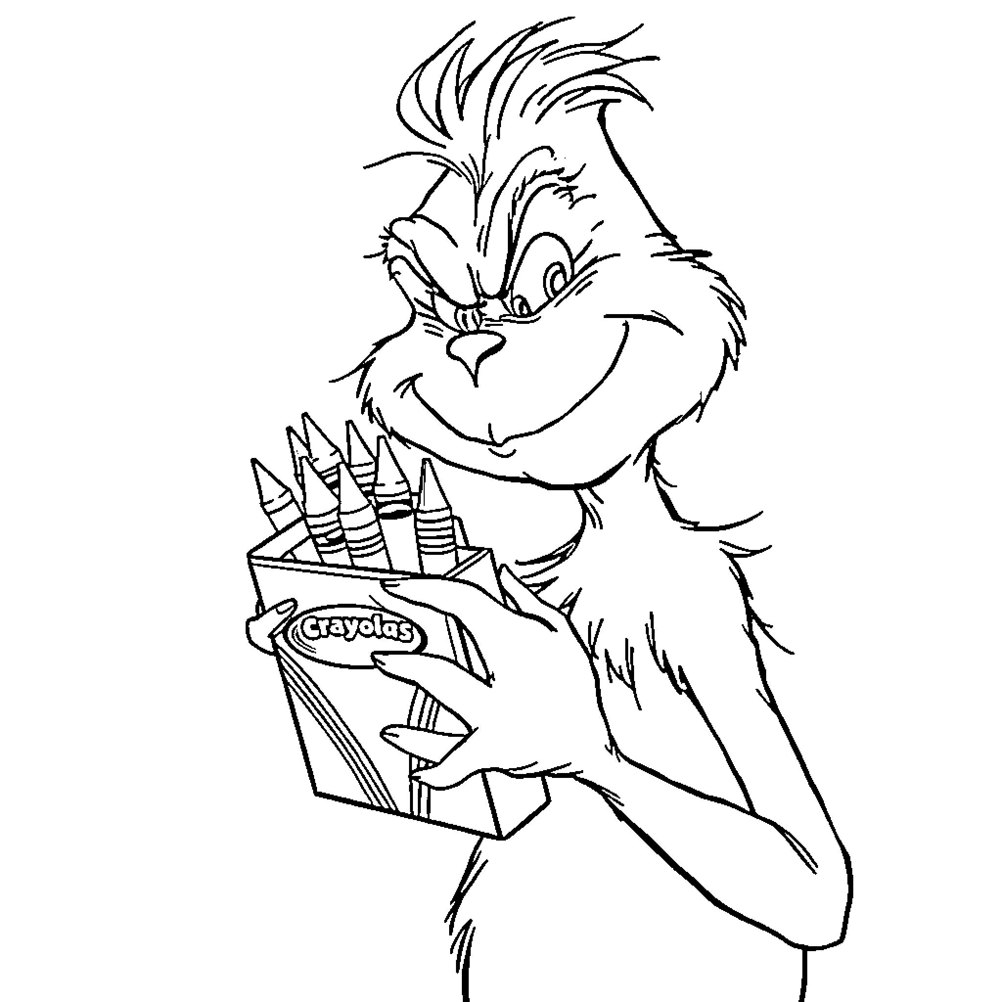 Grinch holding a box of crayons happily Coloring Page (free black-and-white line drawing printable PDF for all, from beginners to advanced learners, including children, teens, adults, and seniors)