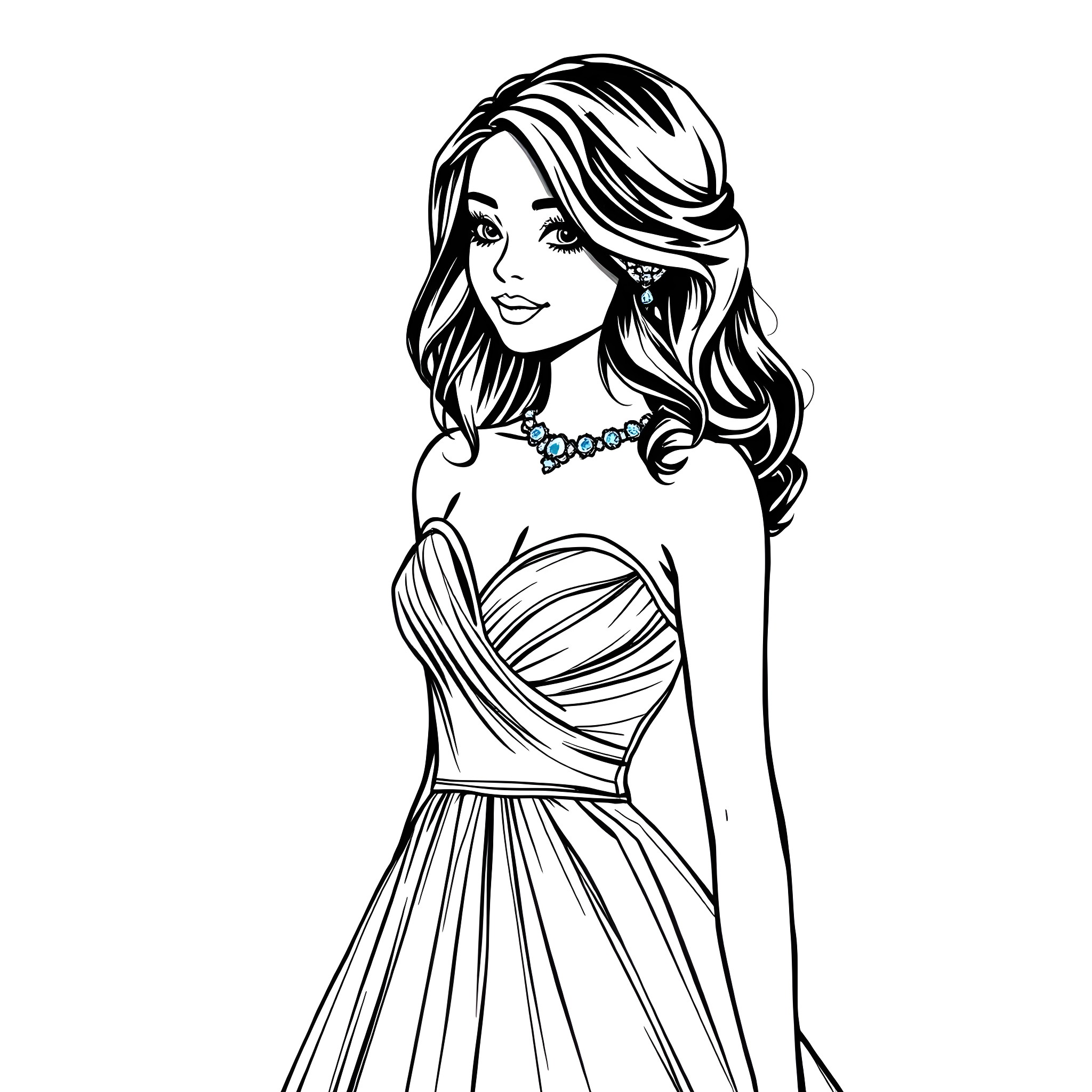 Girl in elegant dress with flowing hair Coloring Page (free black-and-white line drawing printable PDF for all, from beginners to advanced learners, including children, teens, adults, and seniors)