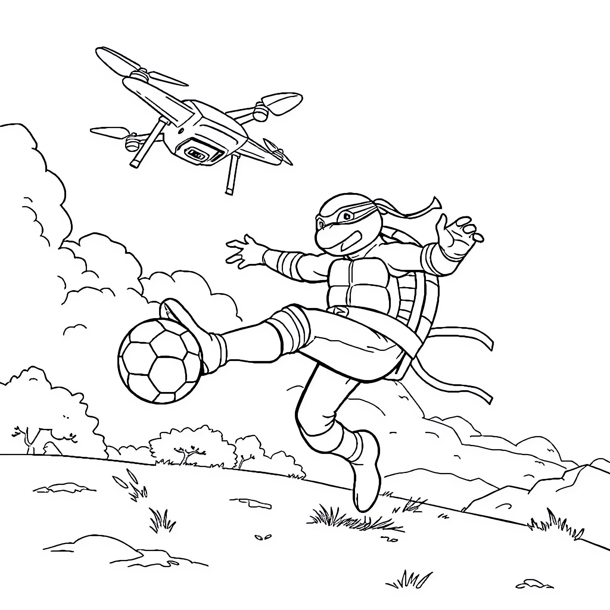 Ninja Turtle playing soccer with drone in the sky Coloring Page (free black-and-white line drawing printable PDF for all, from beginners to advanced learners, including children, teens, adults, and seniors)