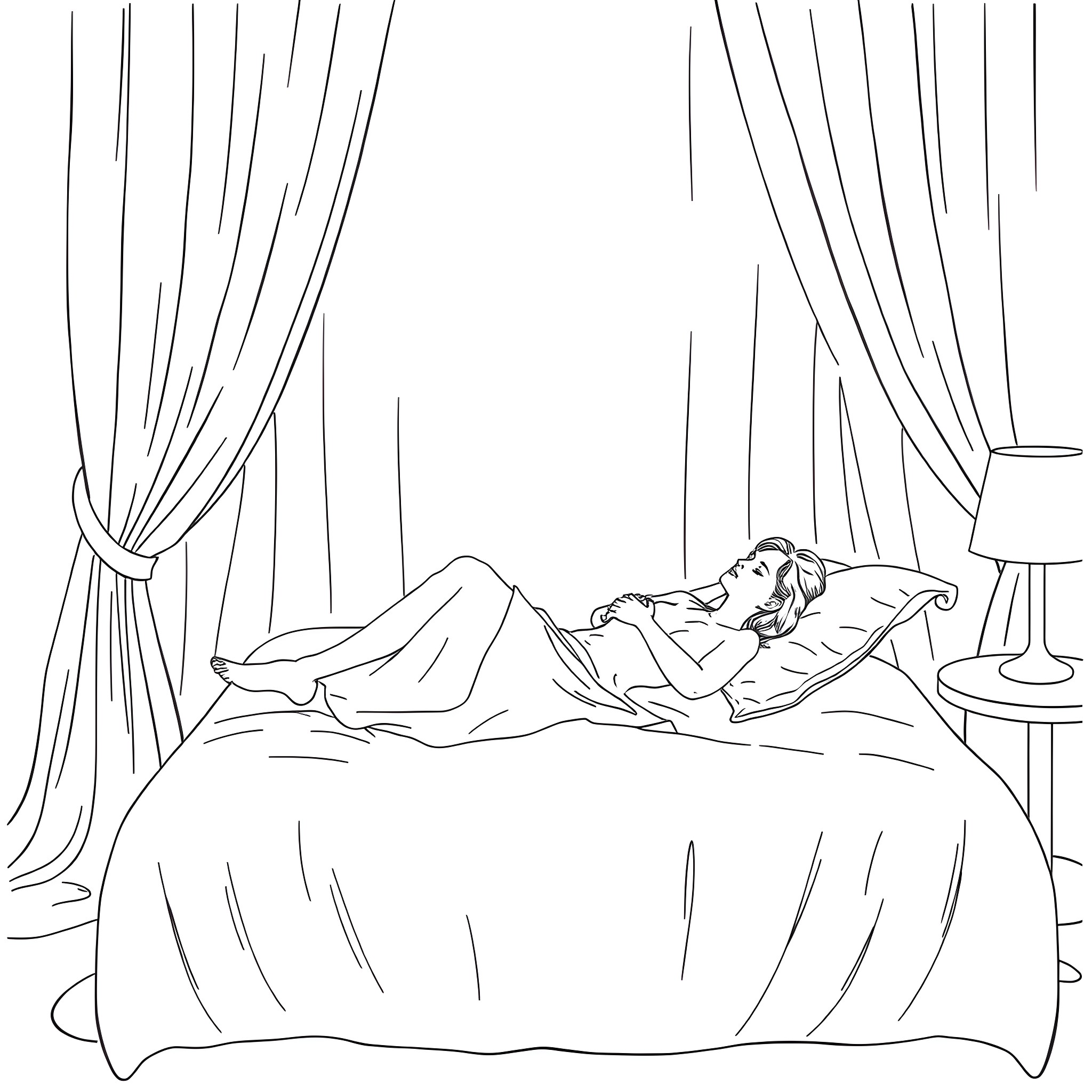 Selena Gomez relaxing peacefully in her bedroom Coloring Page (free black-and-white line drawing printable PDF for all, from beginners to advanced learners, including children, teens, adults, and seniors)