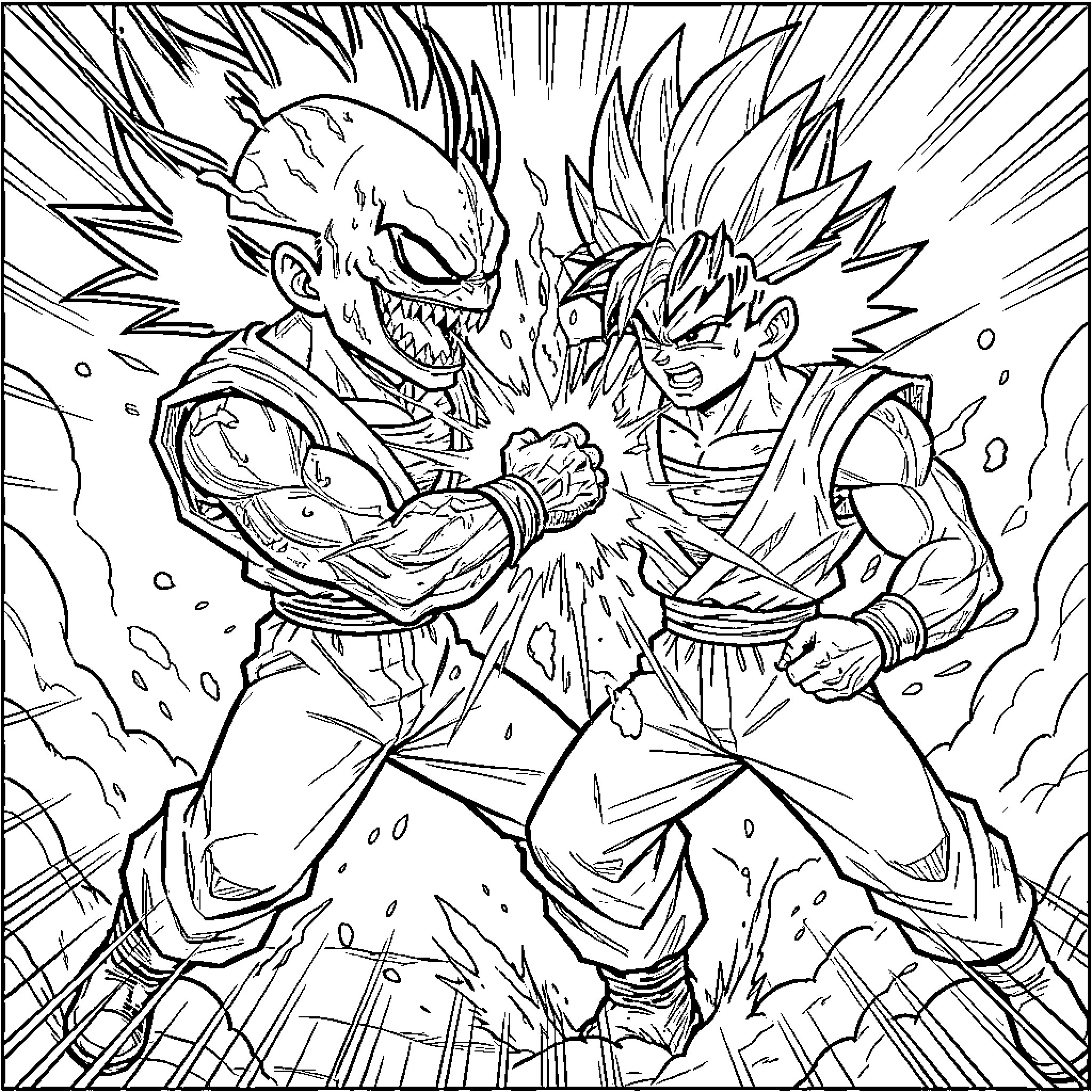 Venomous fighting stance between two powerful anime warriors Coloring Page (free black-and-white line drawing printable PDF for all, from beginners to advanced learners, including children, teens, adults, and seniors)